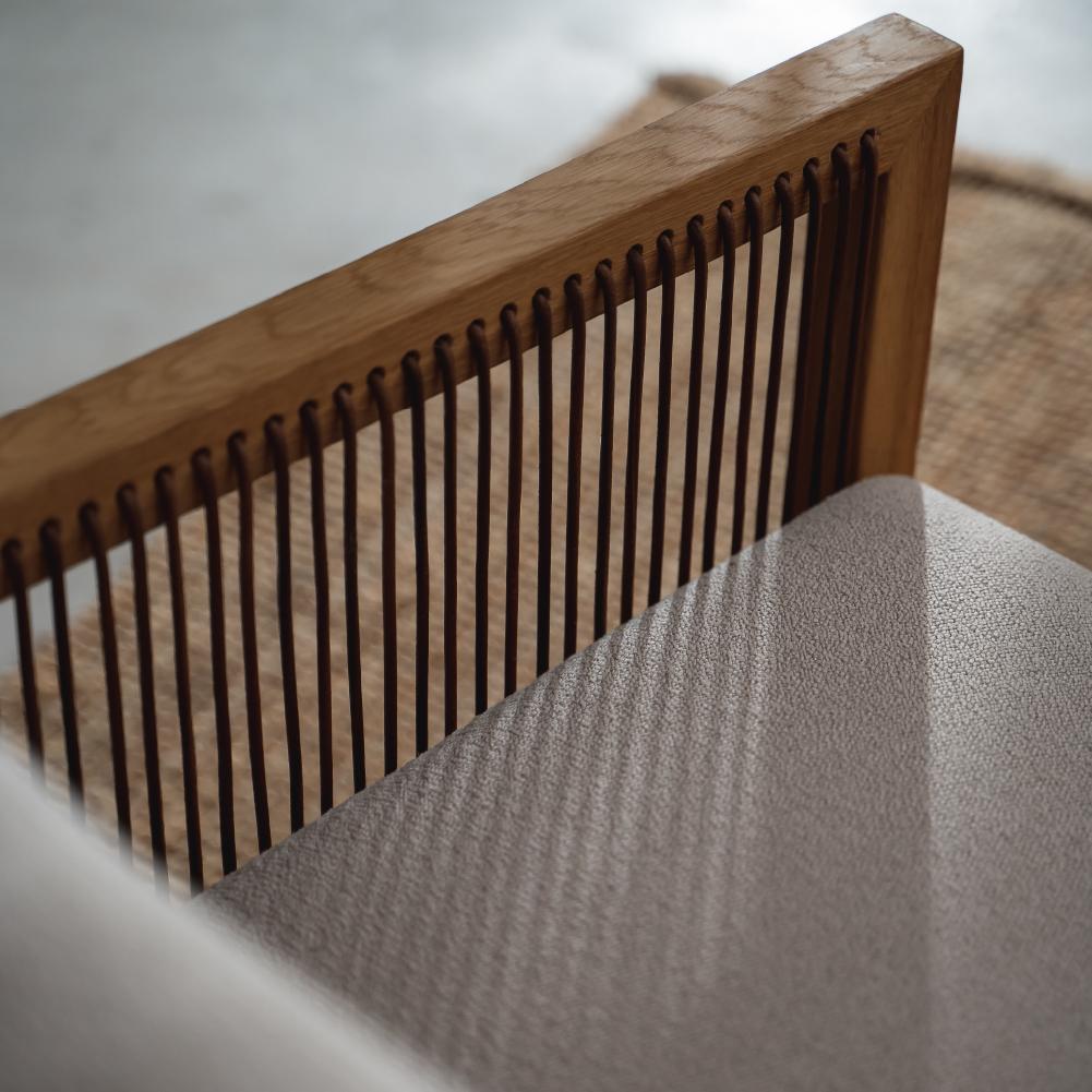 Finn Armchair White, Solid Oak Wood, Leather Cord, Velvet Fabric, Hand-Crated In New Condition For Sale In Ankara, TR