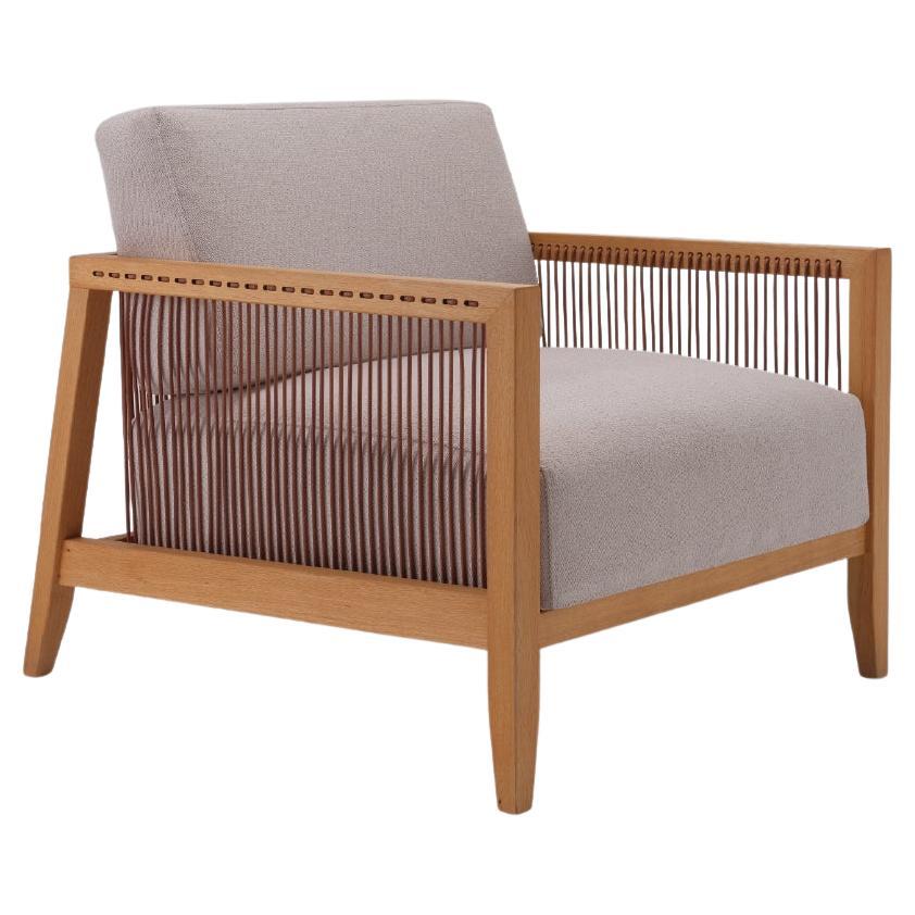 Finn Armchair White, Solid Oak Wood, Leather Cord, Velvet Fabric, Hand-Crated For Sale