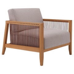 Finn Armchair White, Solid Oak Wood, Leather Cord, Velvet Fabric, Hand-Crated