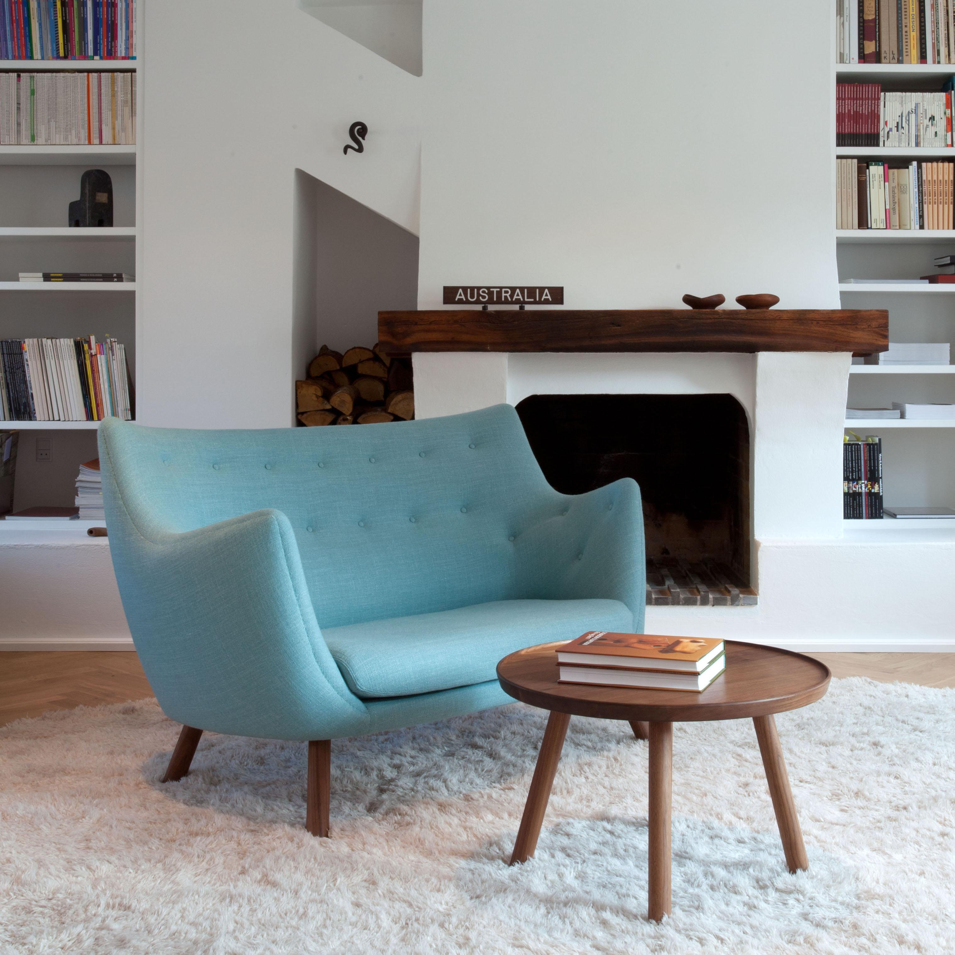 Contemporary Finn Jhul Poet Sofa Walnut Wood Blue Kvadrat Rime Upholstery