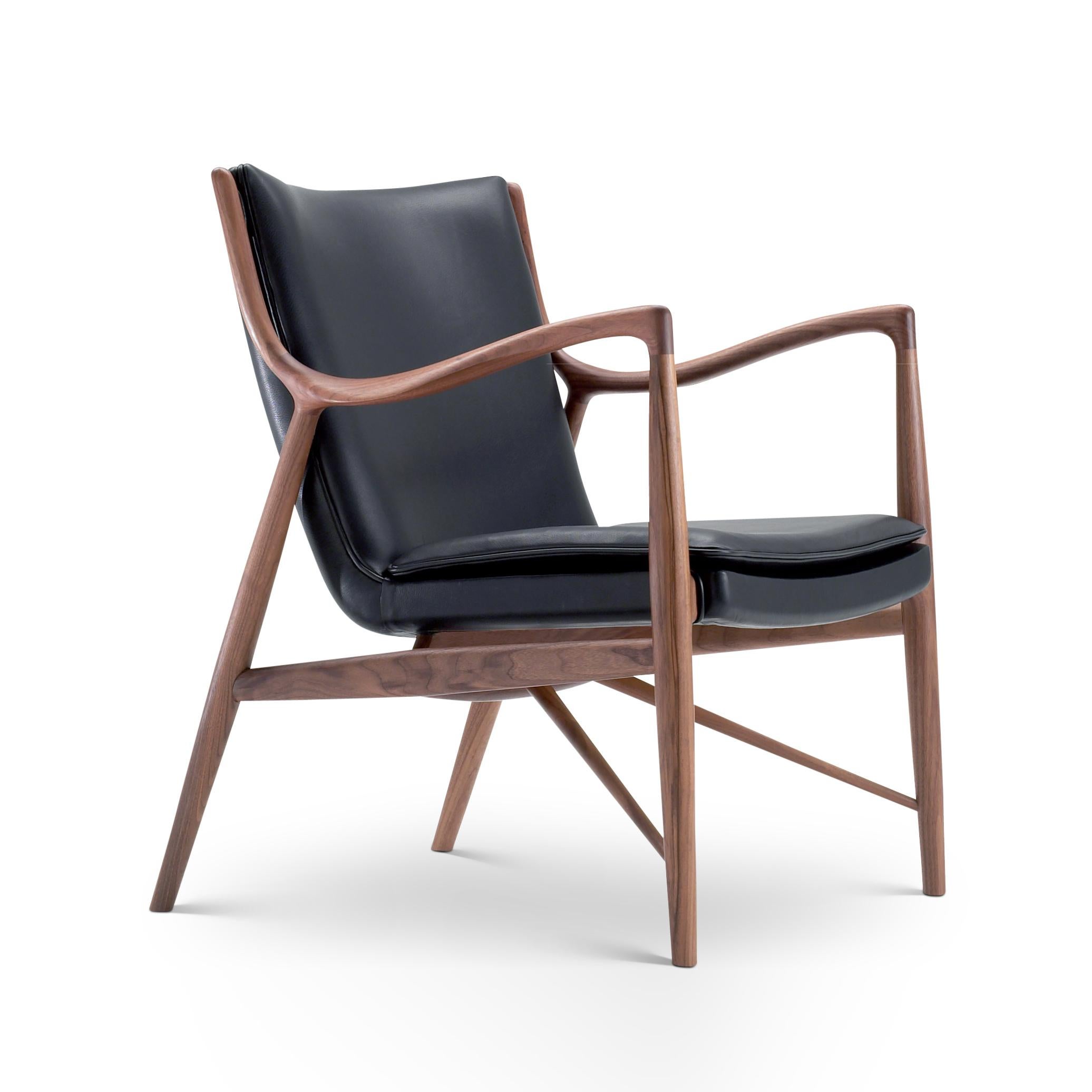 Modern Finn Juhl 45 Chair, Wood and Black Leather