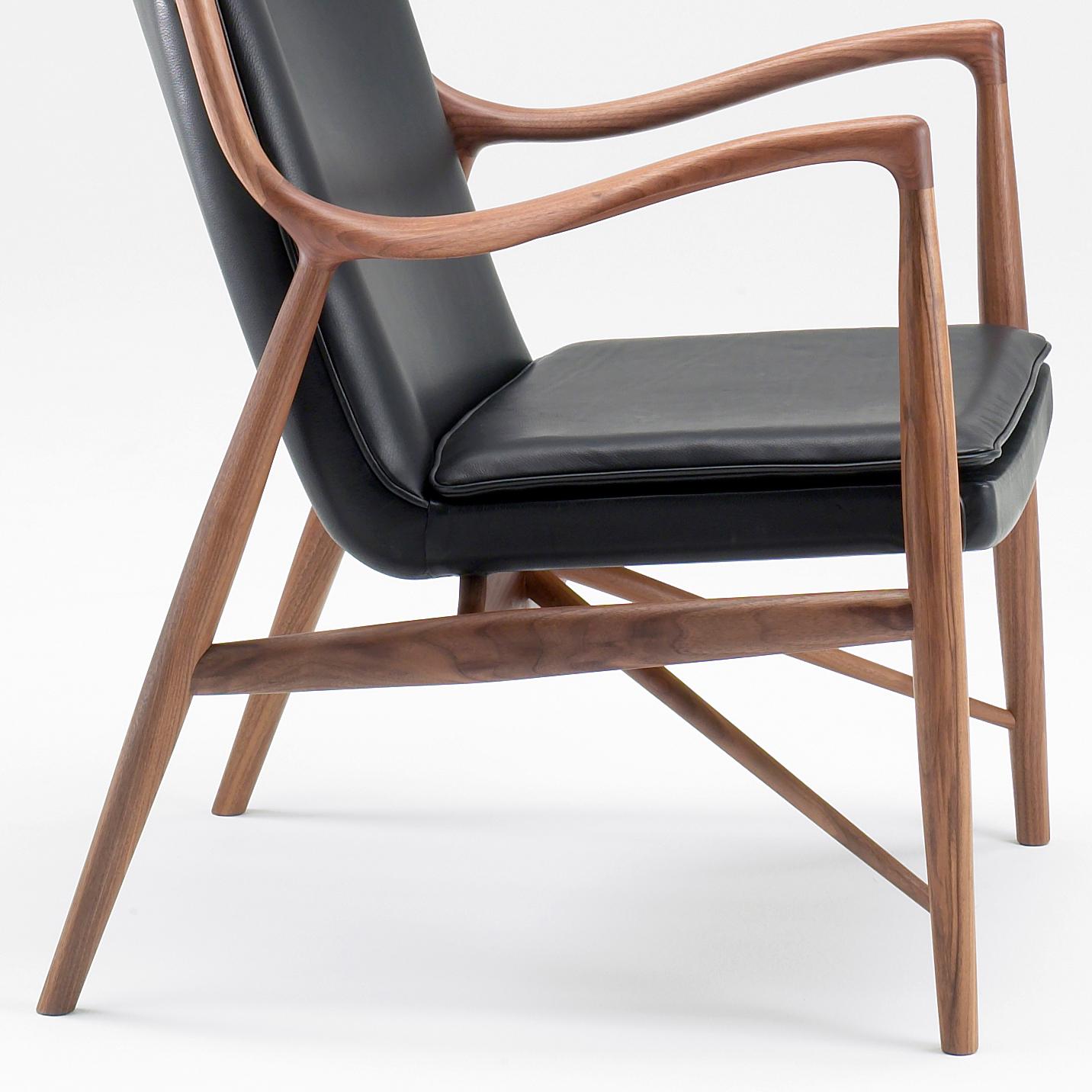 Danish Finn Juhl 45 Chair, Wood and Black Leather