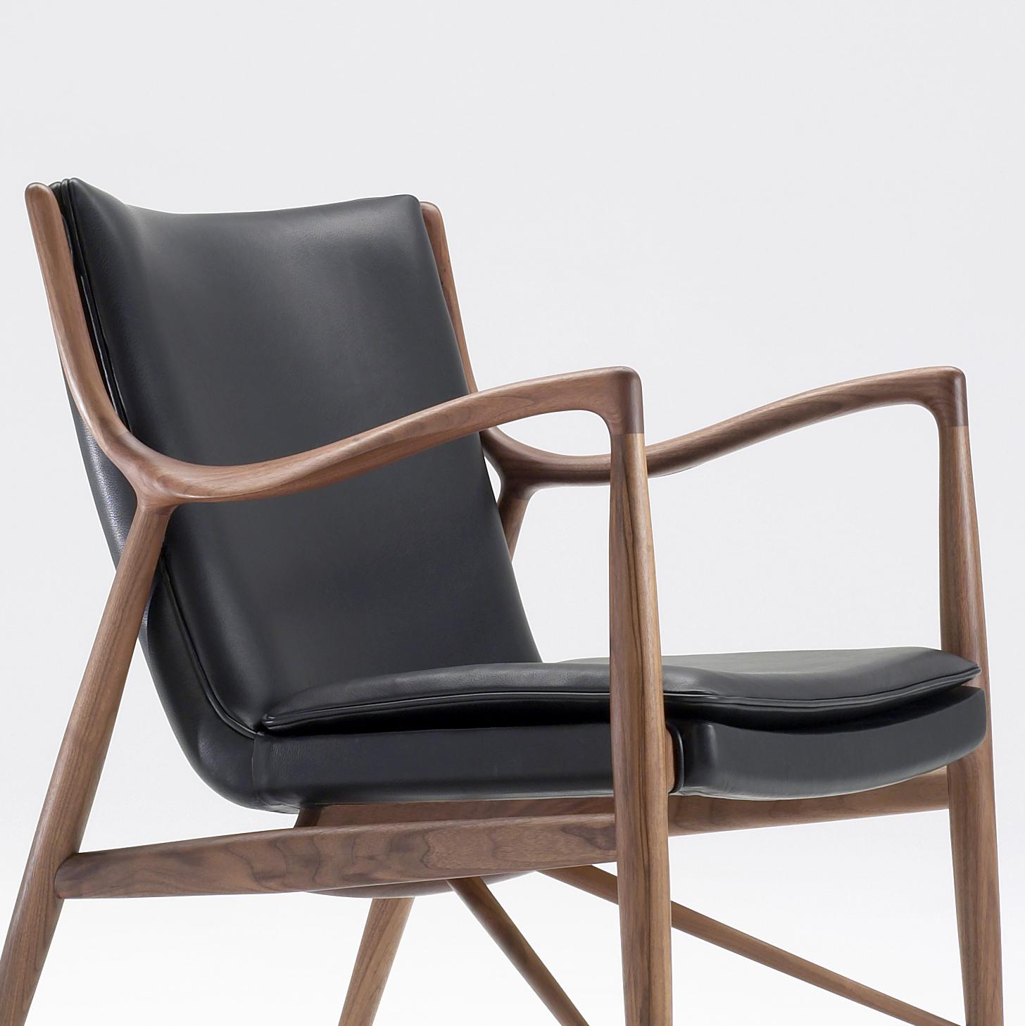 Contemporary Finn Juhl 45 Chair, Wood and Black Leather