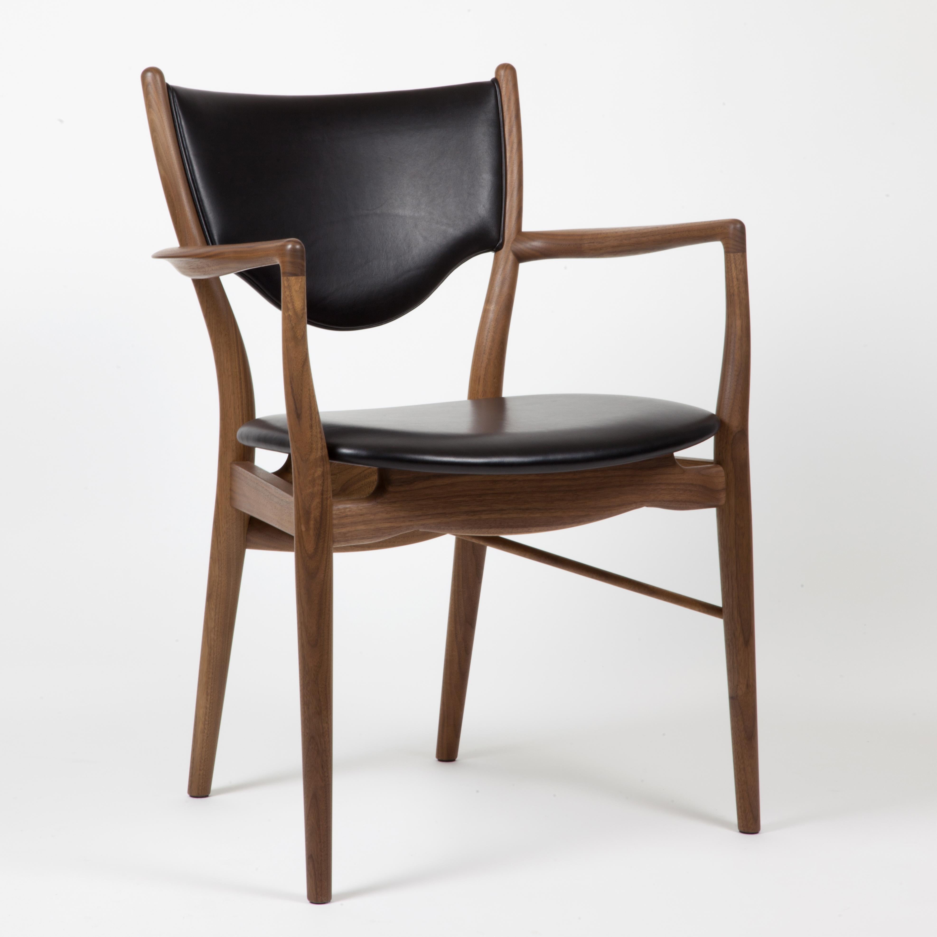 Danish Finn Juhl 46 Chair Armrests, Wood and Elegance Black Leather