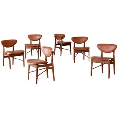 Finn Juhl, 6 NV-55 Dining Chairs, Teak, Brown Leather, Niels Vodder, 1955 Danish