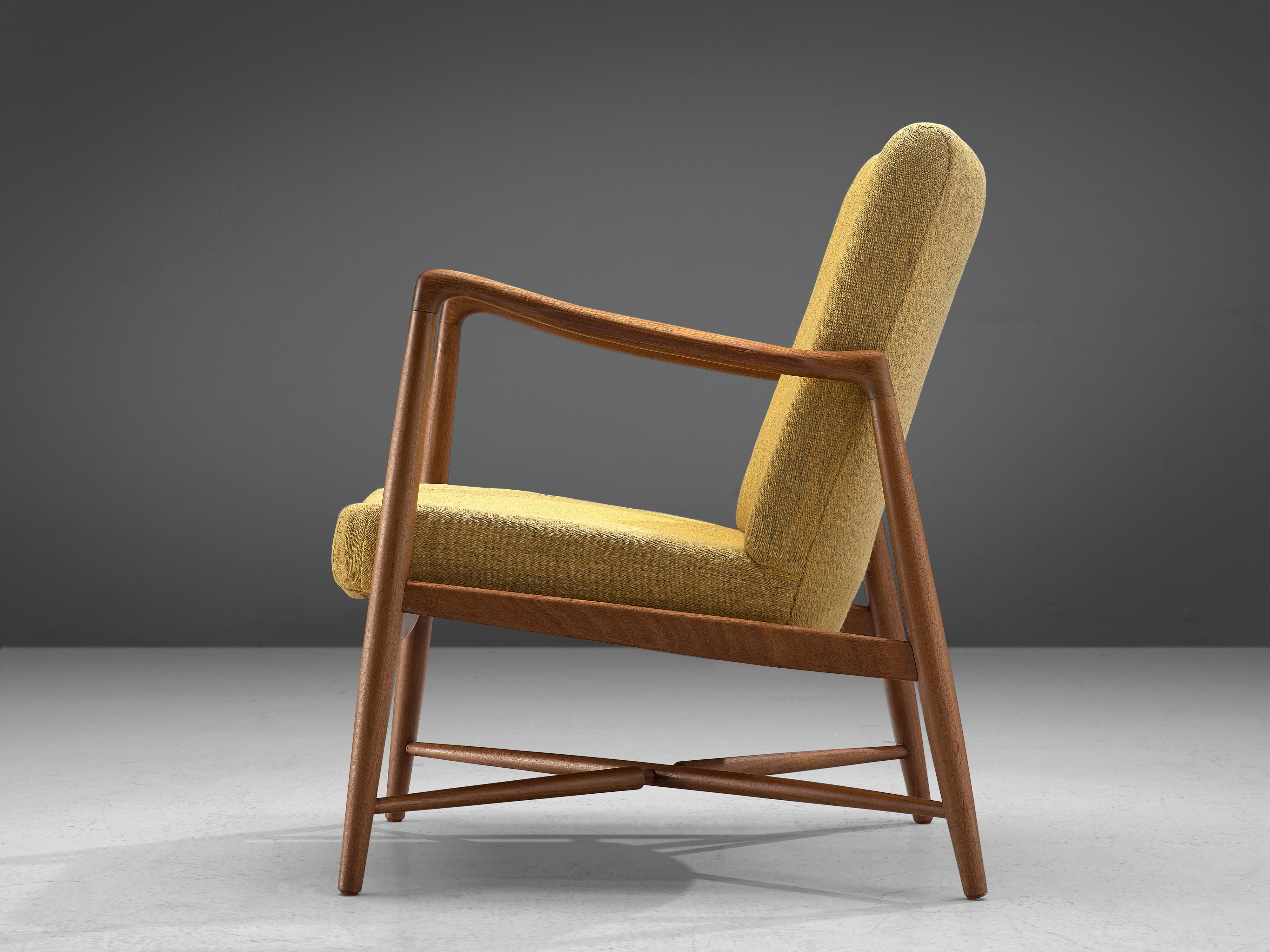 Scandinavian Modern Finn Juhl Armchair 4443 in Teak with Paavo Tynell Floor Lamp 9631 in Brass