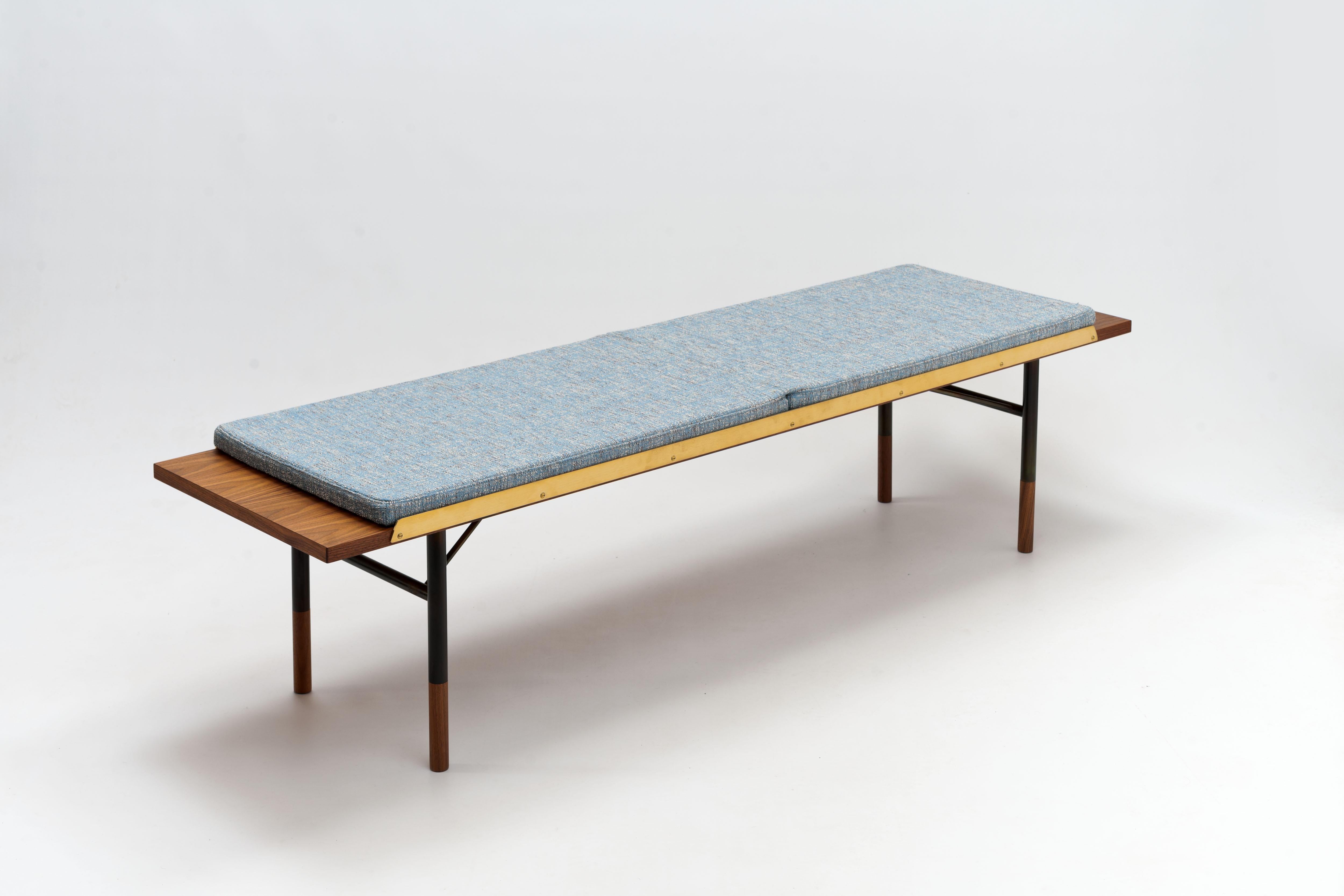Scandinavian Modern Finn Juhl Bench, Table, Walnut & Brass with Raf Simons Upholstery