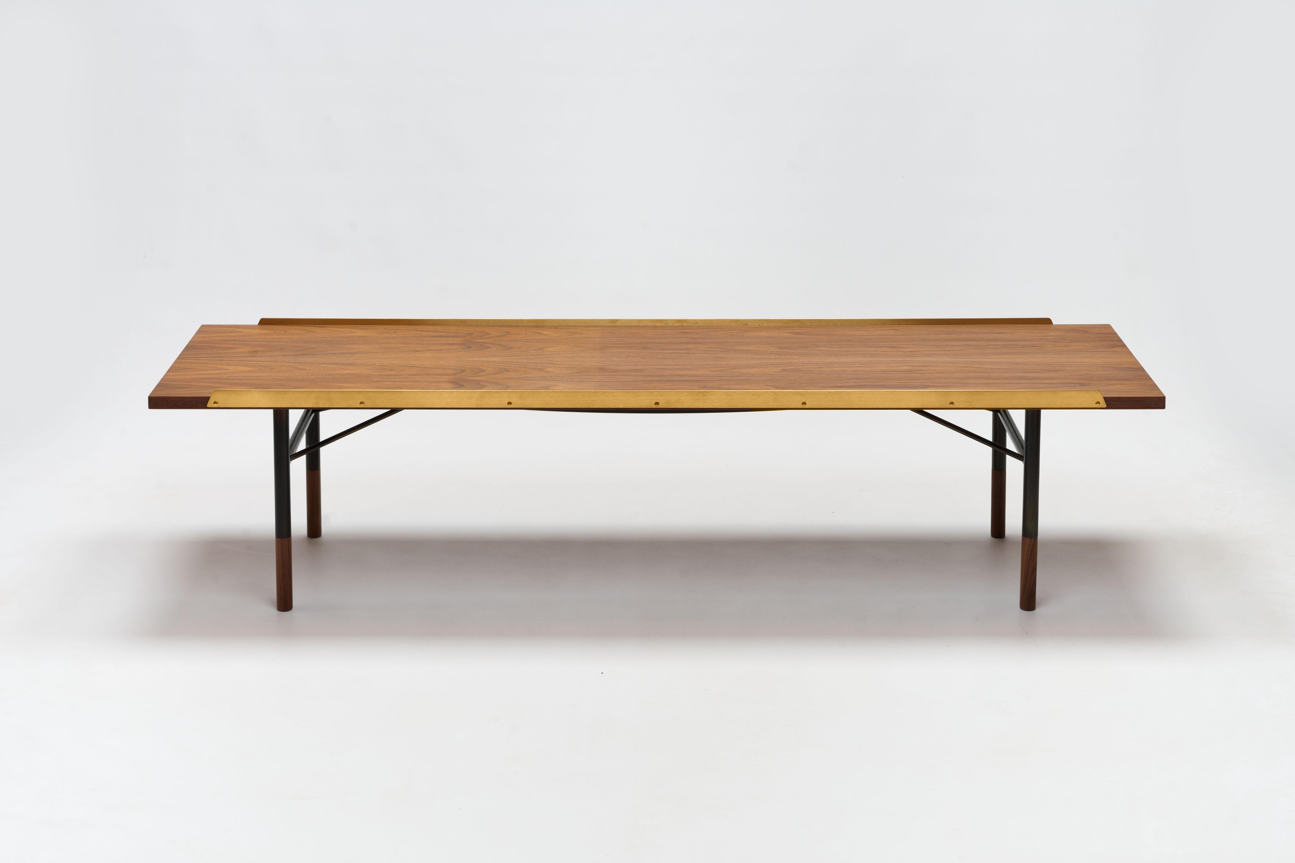 Danish Finn Juhl Bench, Table, Walnut & Brass with Raf Simons Upholstery
