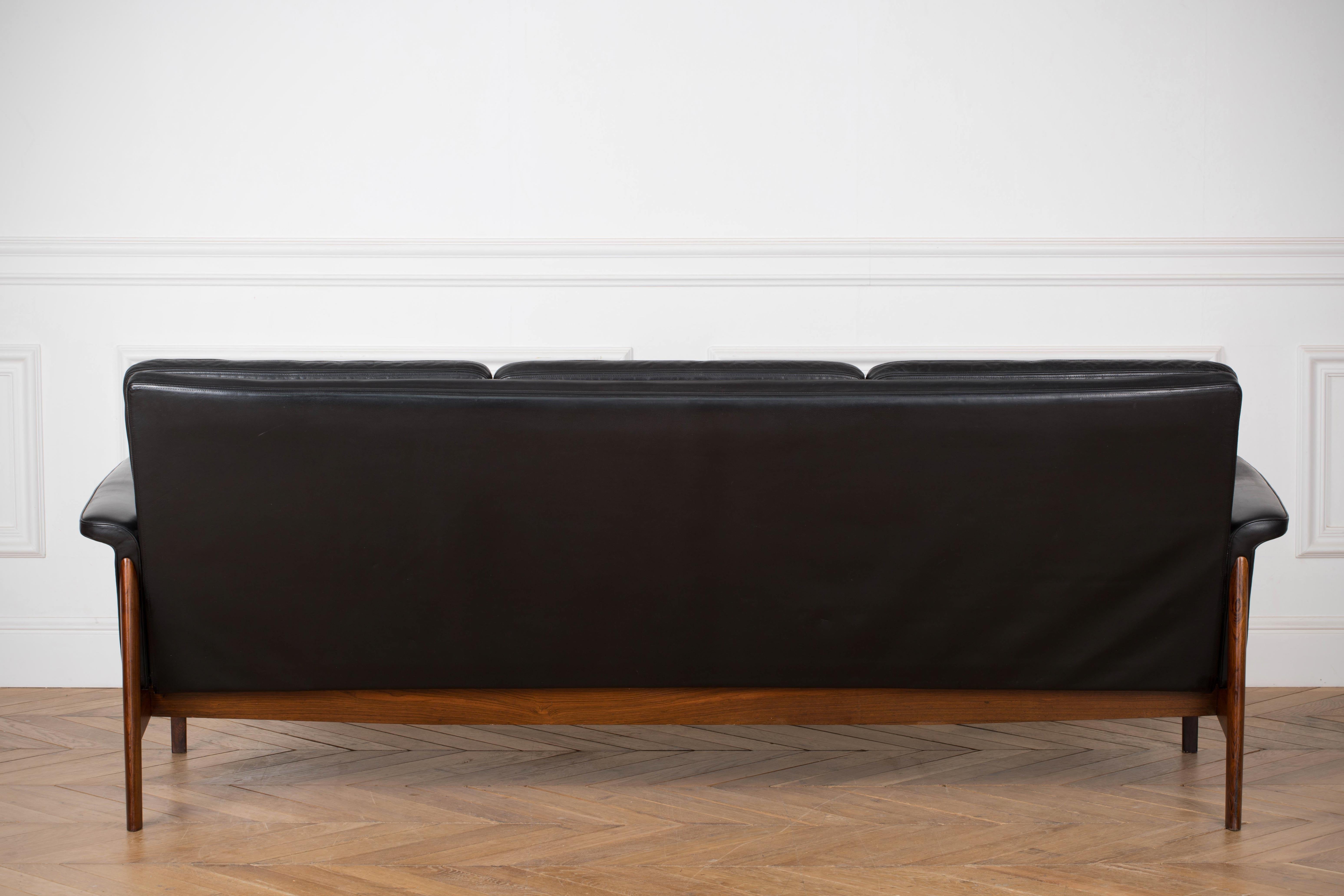 Finn Juhl Black Leather and Rosewood Sofa, Model No 218 
