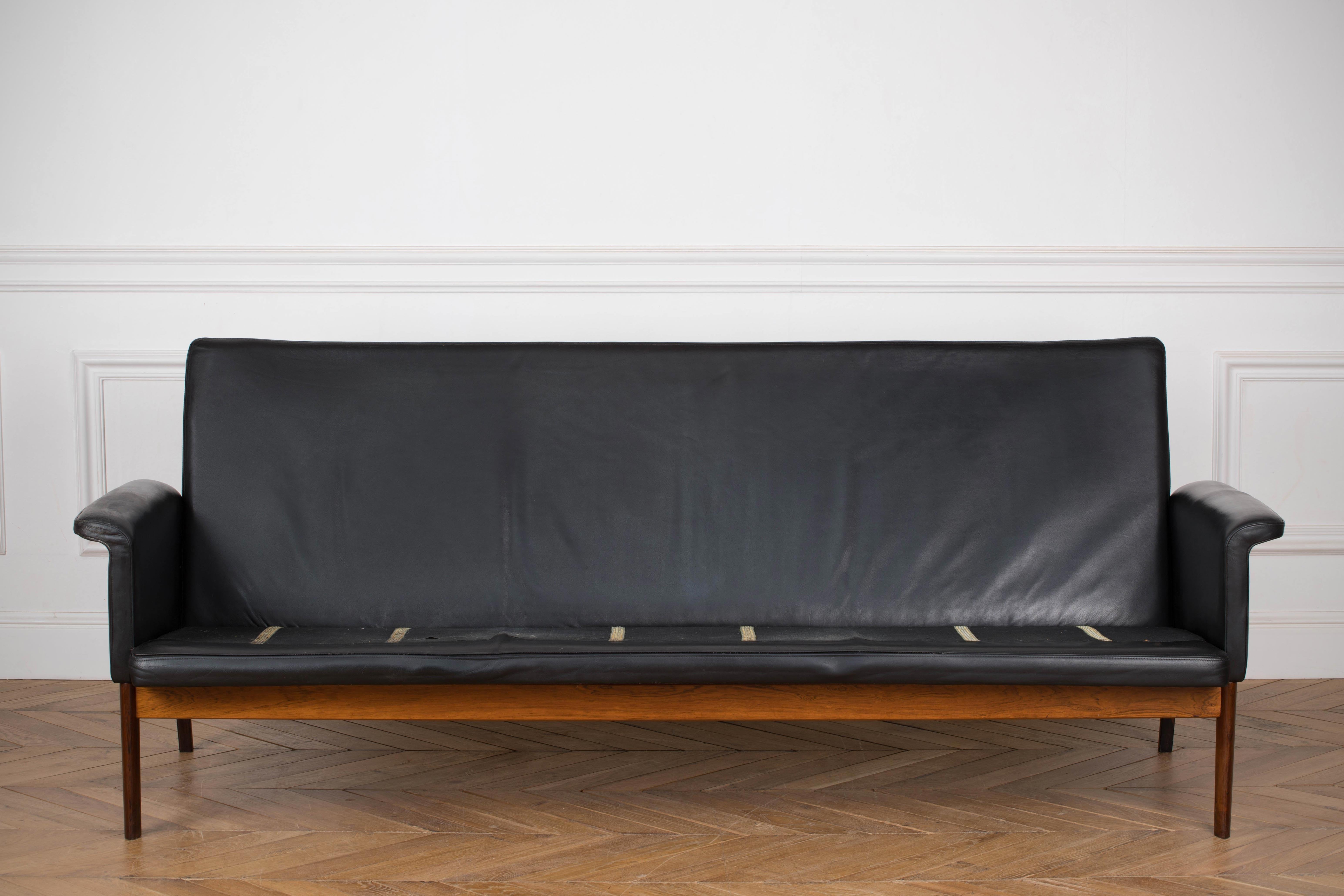 Finn Juhl Black Leather and Rosewood Sofa, Model No 218 