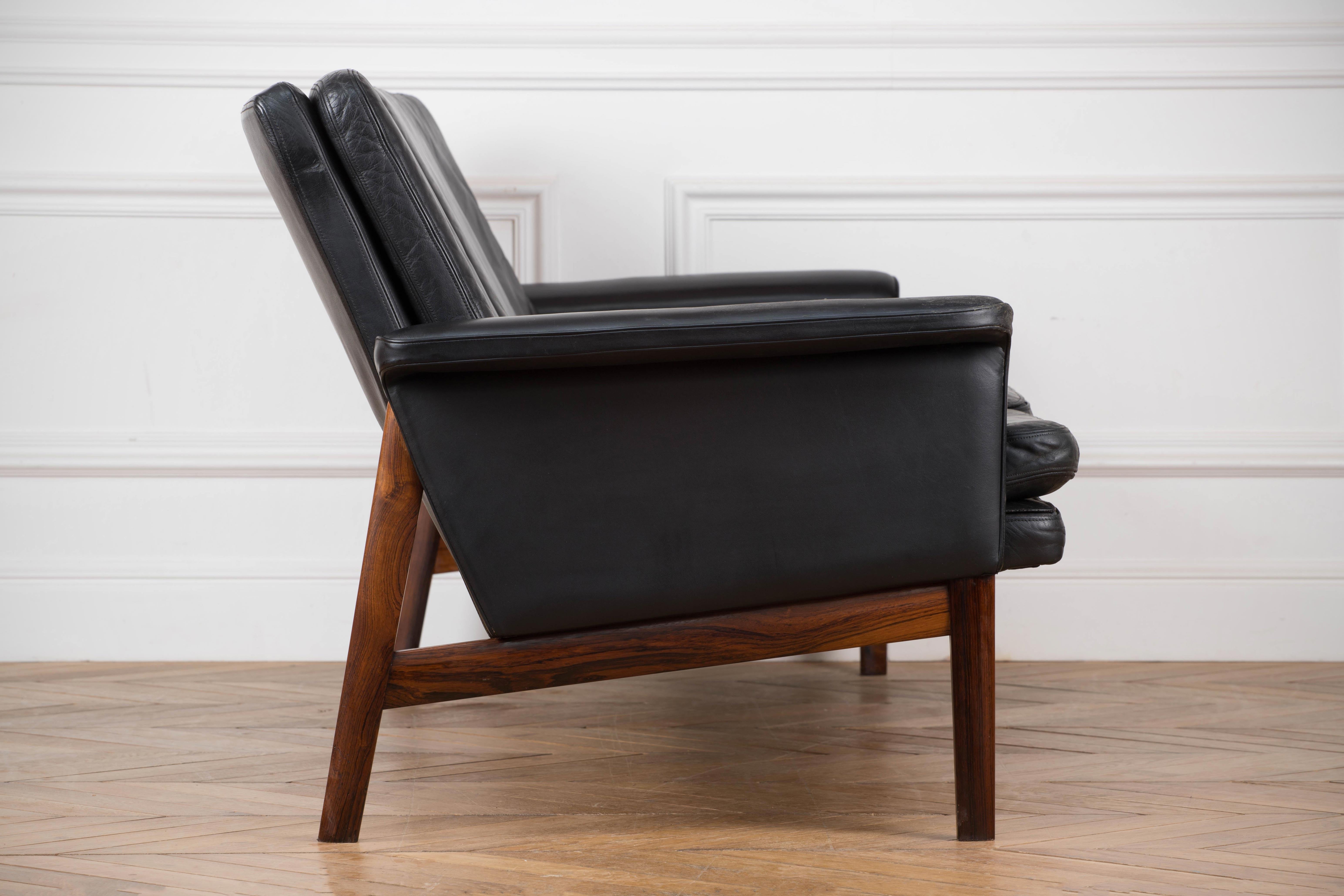 Danish Finn Juhl Black Leather and Rosewood Sofa, Model No 218 