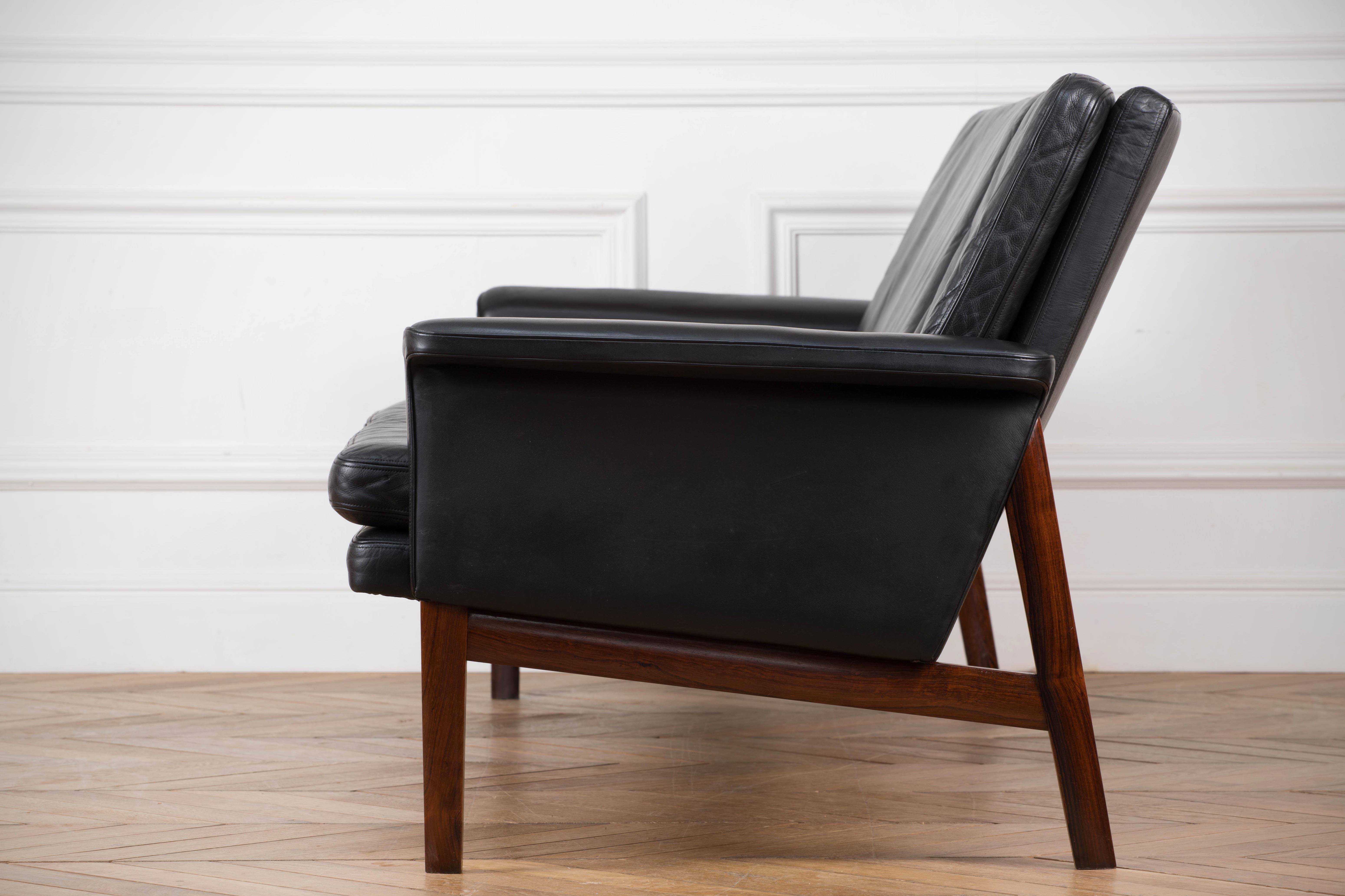 20th Century Finn Juhl Black Leather and Rosewood Sofa, Model No 218 