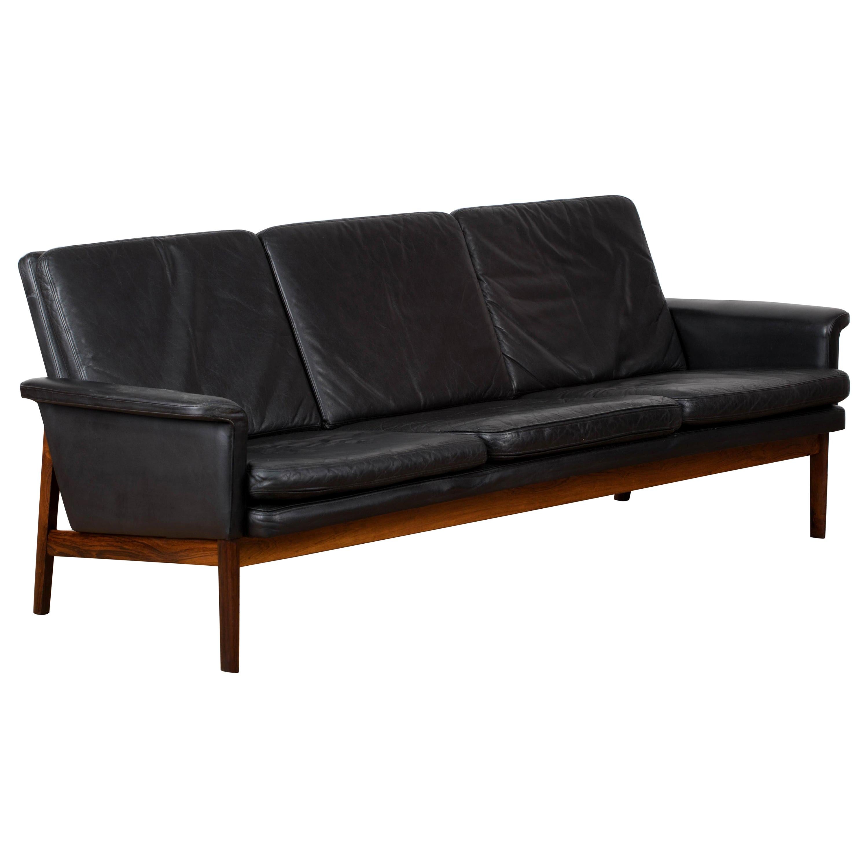 Finn Juhl Black Leather and Rosewood Sofa, Model No 218 "Jupiter"