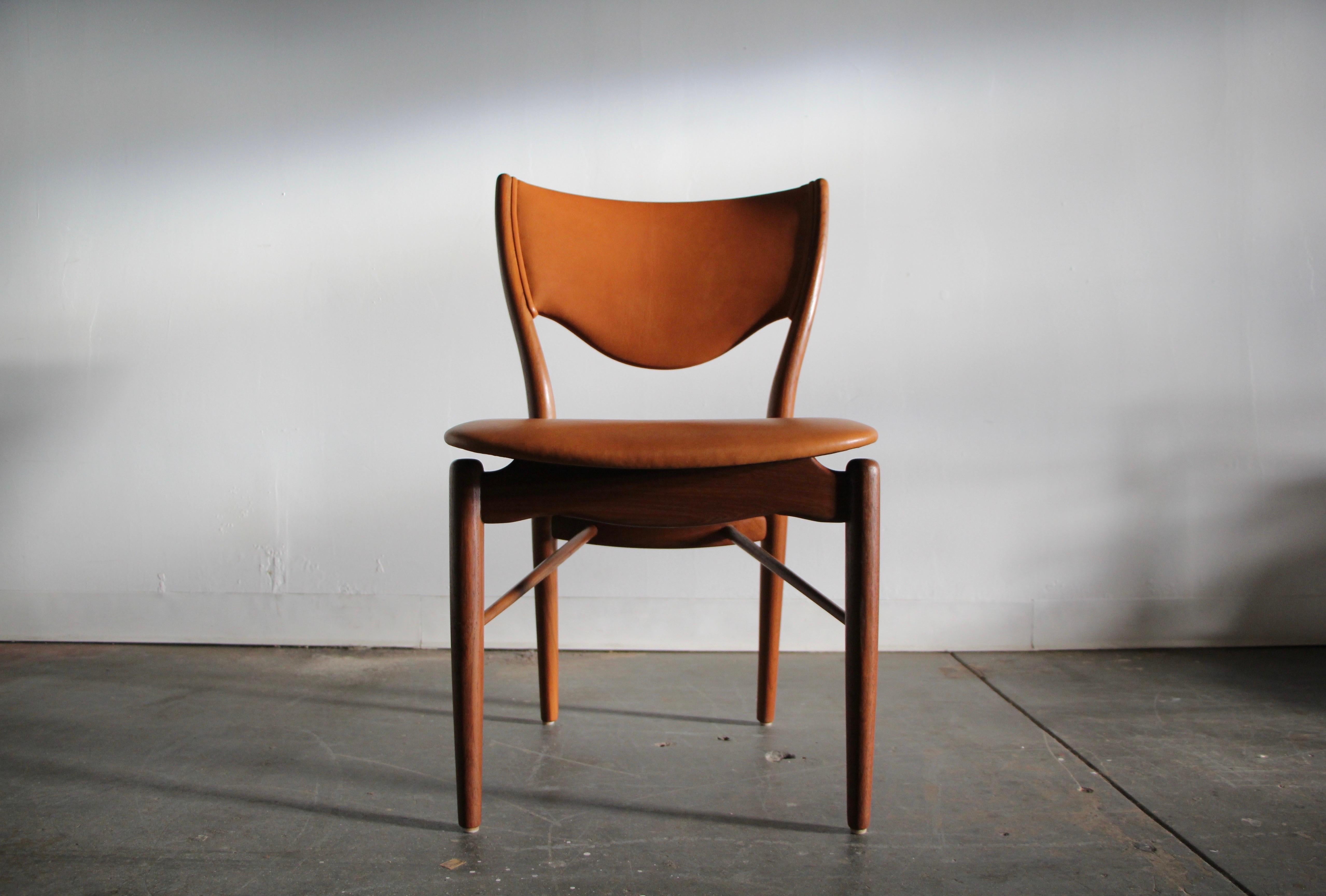 Danish Finn Juhl “BO 63” Sculpted Teak Dining Chairs in Cognac Goatskin Leather, 1950s For Sale