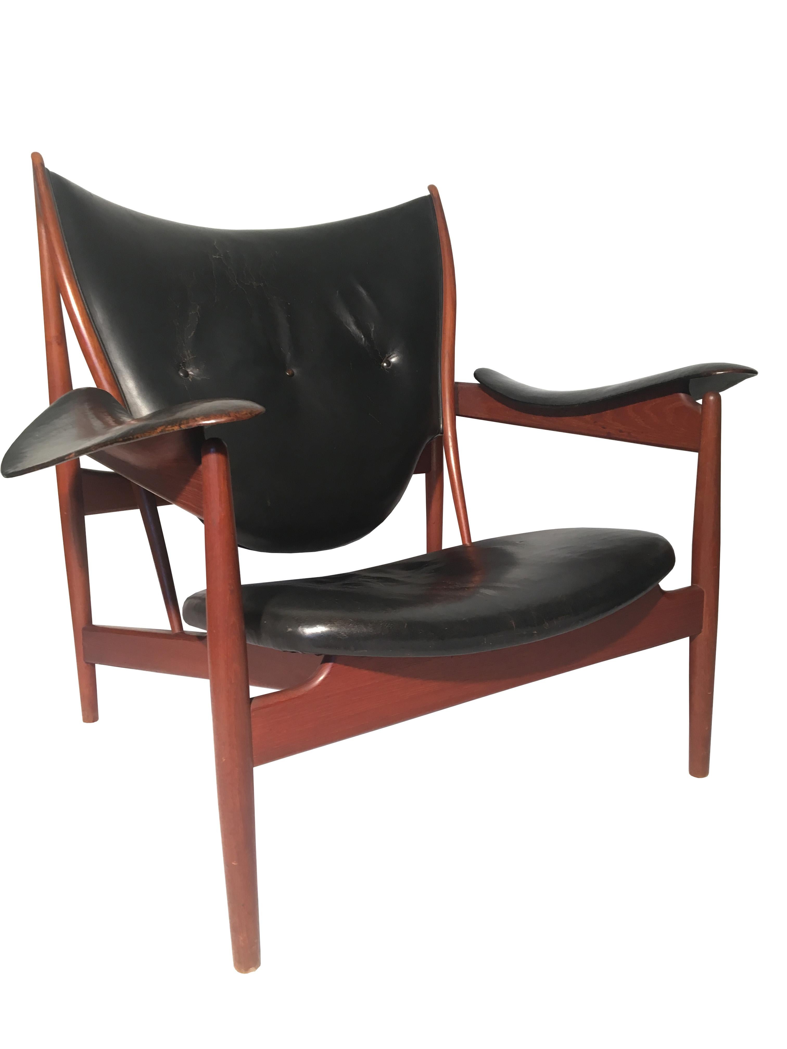 Danish Finn Juhl Chieftain Chair for Niels Vodder in Teak and Black Leather