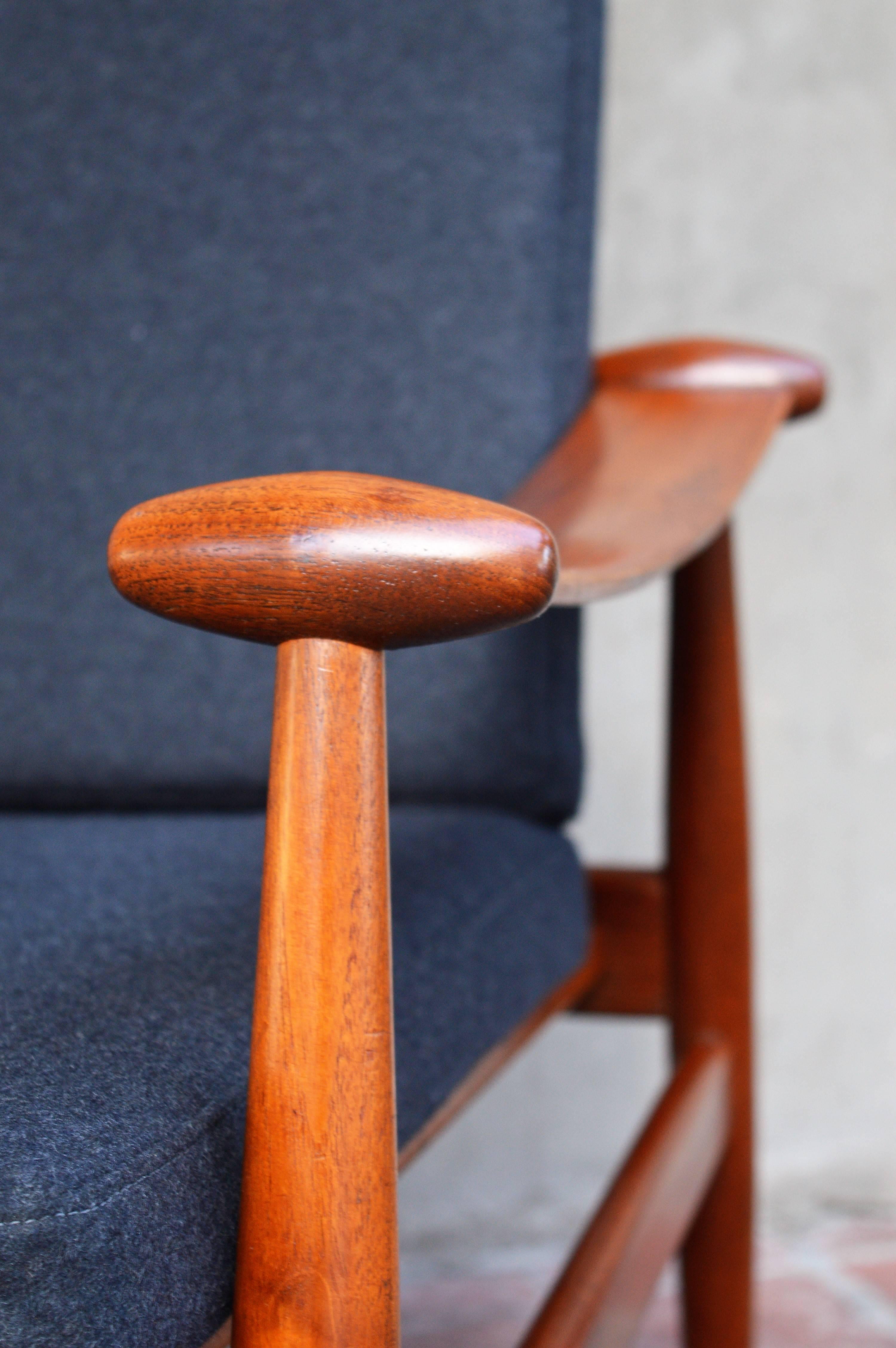 Mid-Century Modern Finn Juhl Danish Modern Teak Restored Spade Lounge Chair, Charcoal Wool