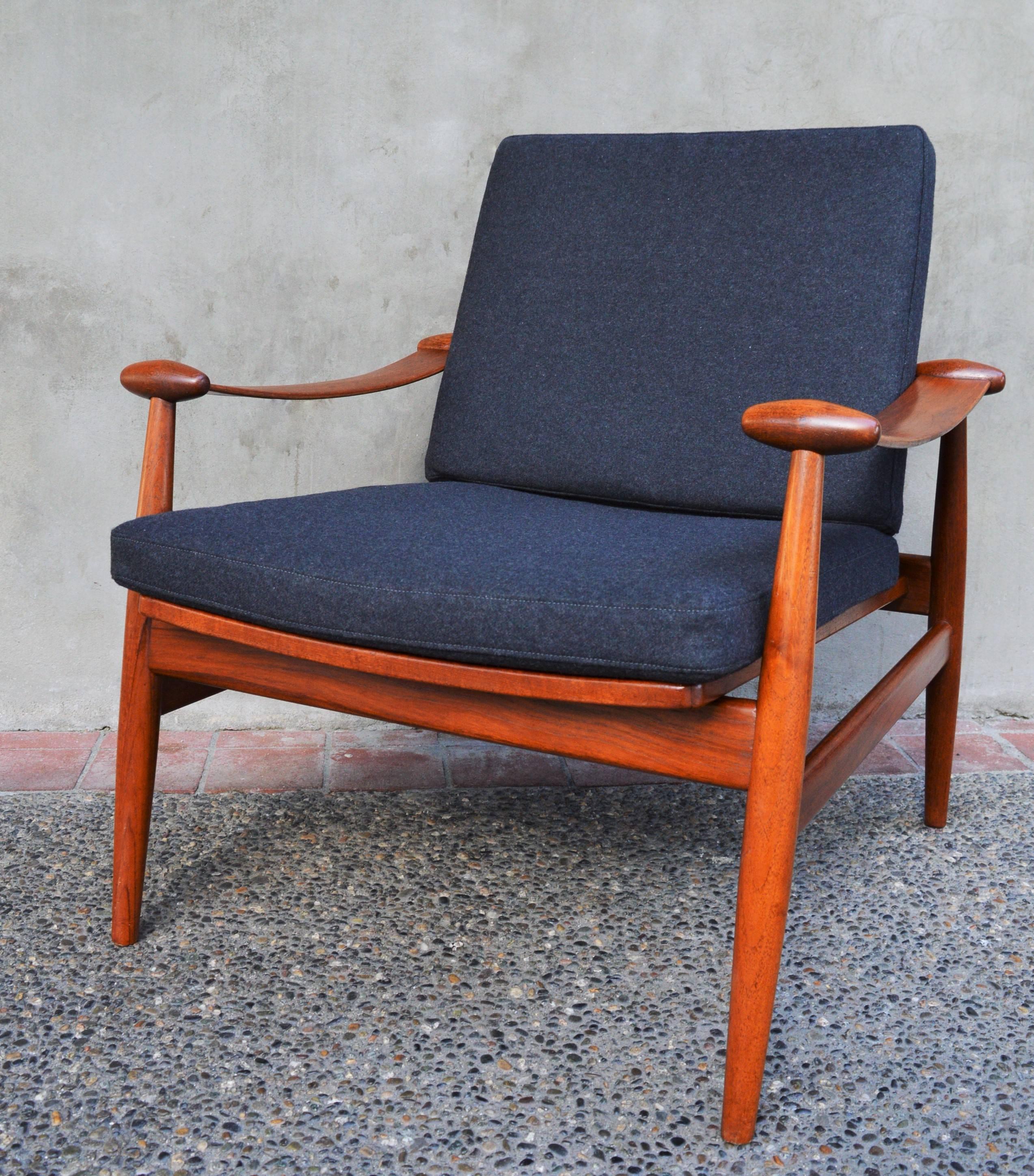 Upholstery Finn Juhl Danish Modern Teak Restored Spade Lounge Chair, Charcoal Wool