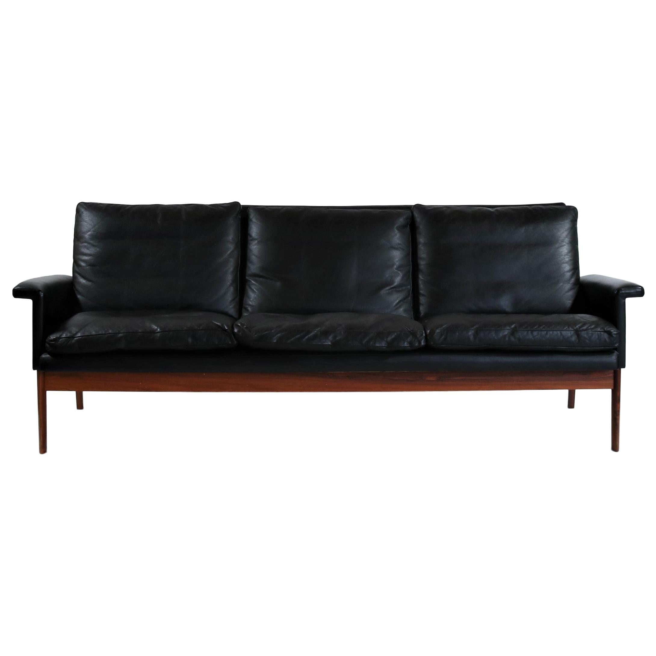 Finn Juhl Danish Modern Three-Seat "Jupiter" Sofa in Rosewood & Black Leather