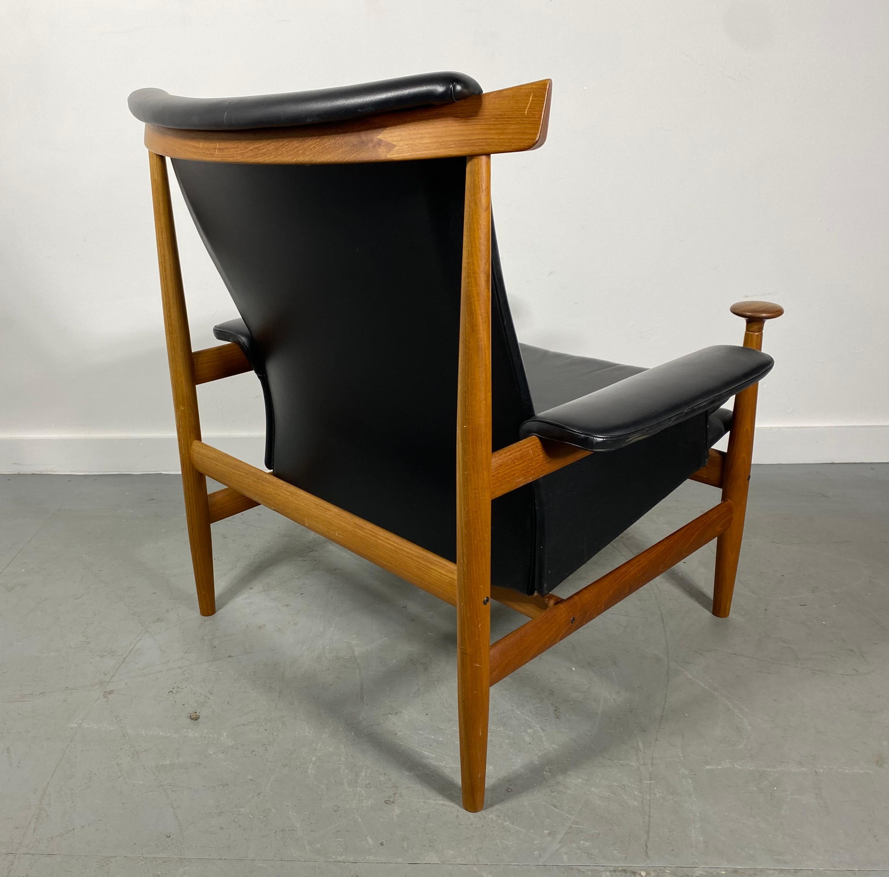 Finn Juhl easy chair and ottoman, Bwana by France & Daverkosen, made in Denmark. Excellent condition. Wonderful patina, color and finish. Extremely comfortable. Retains original metal badge labels. Hand delivery avail to New York City or anywhere en