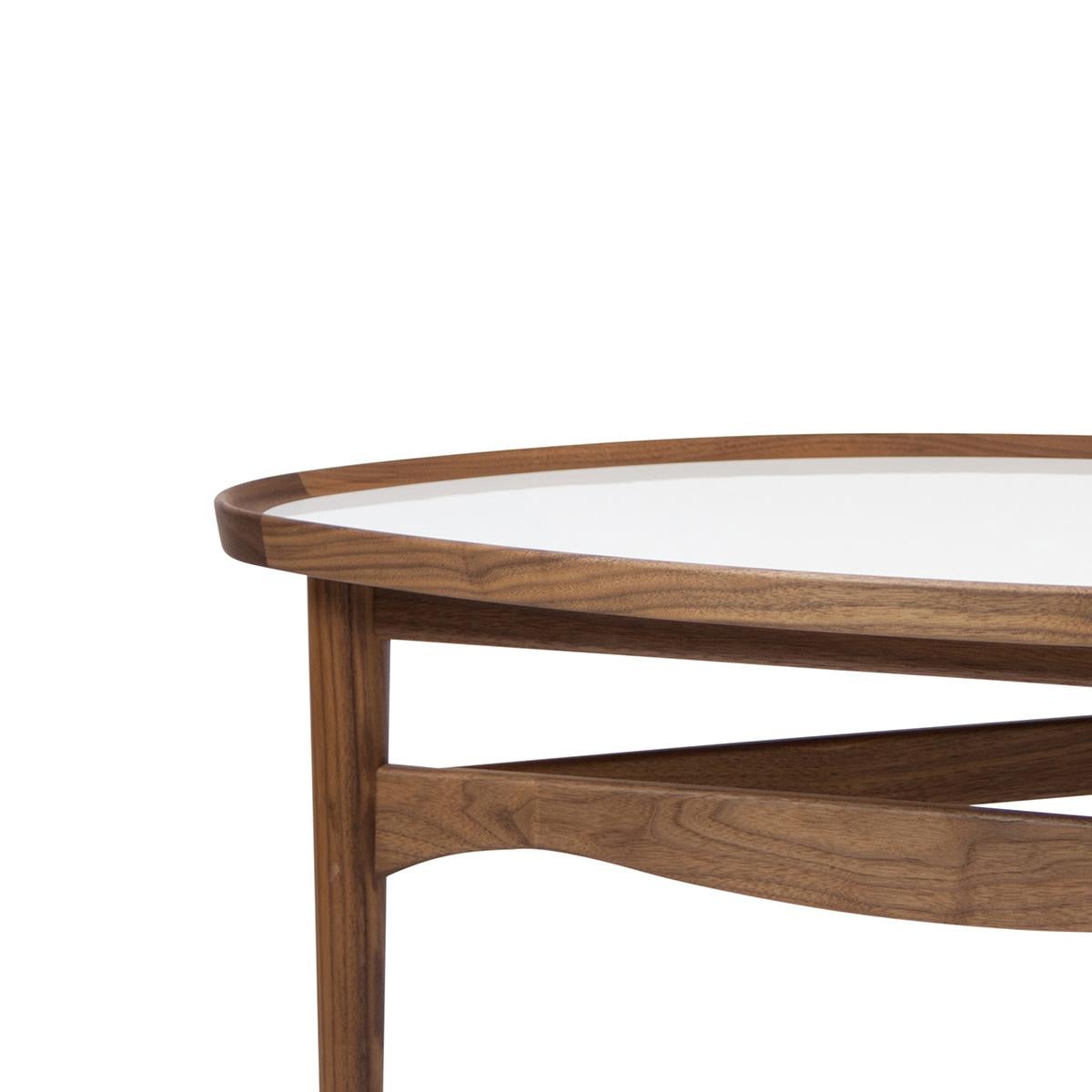 Danish Finn Juhl Scandinavian Modern Eye Side Table, Wood and White High Gloss Laminate