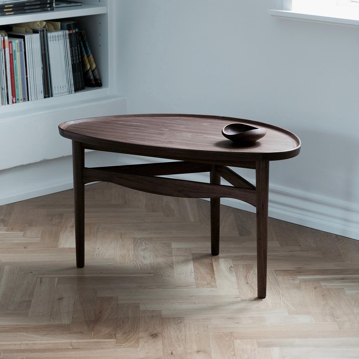Table designed by Finn Juhl in 1948, relaunched in 2008.
Manufactured by House of Finn Juhl in Denmark.
Bowl is not included.

This eye-shaped, three-legged table was originally designed to match the 46 Sofa.

The shape of the table fits