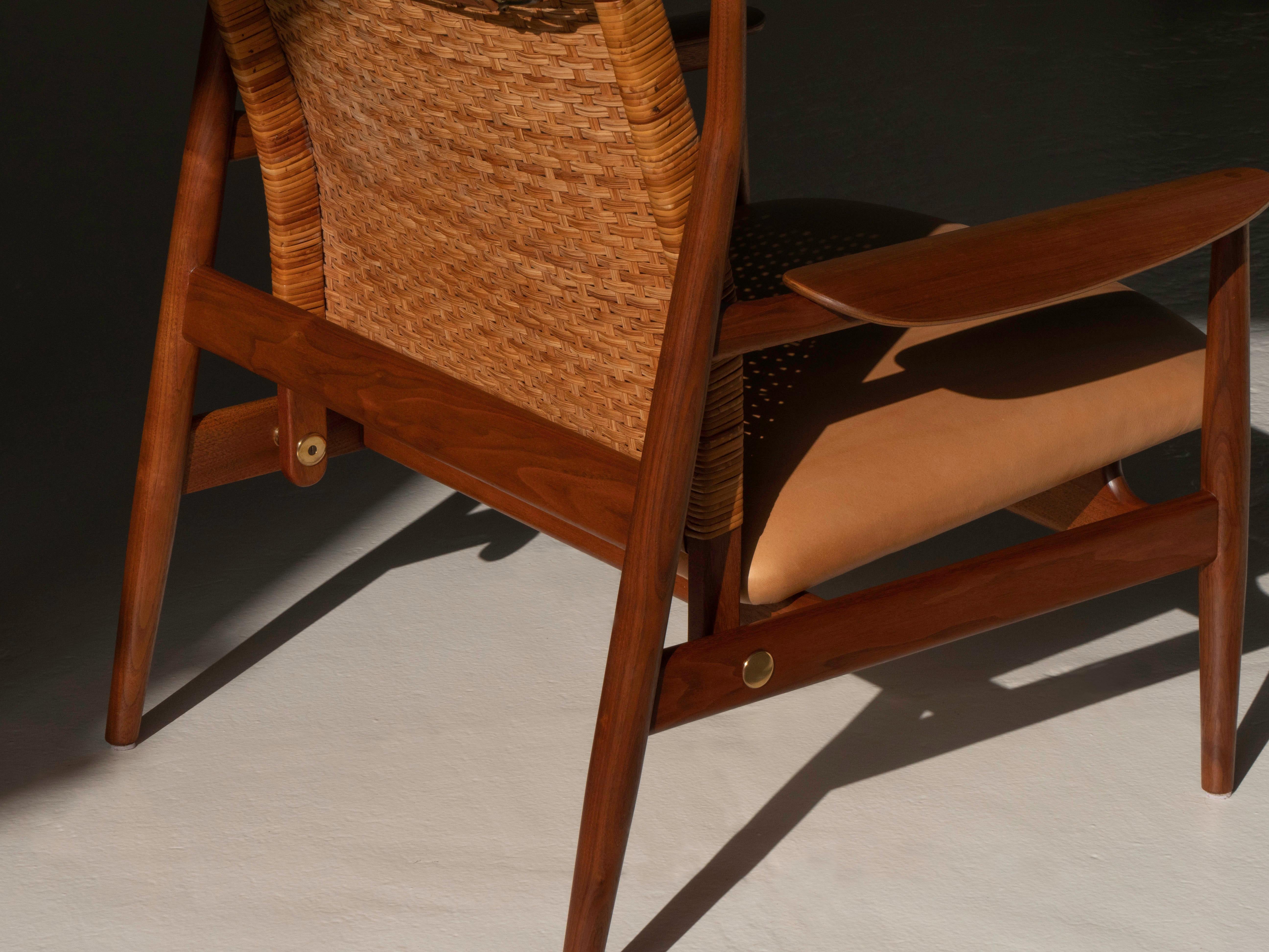 Leather Finn Juhl FJ55 Cane Back Reclining Chair in Walnut for Baker Furniture, 1950's For Sale