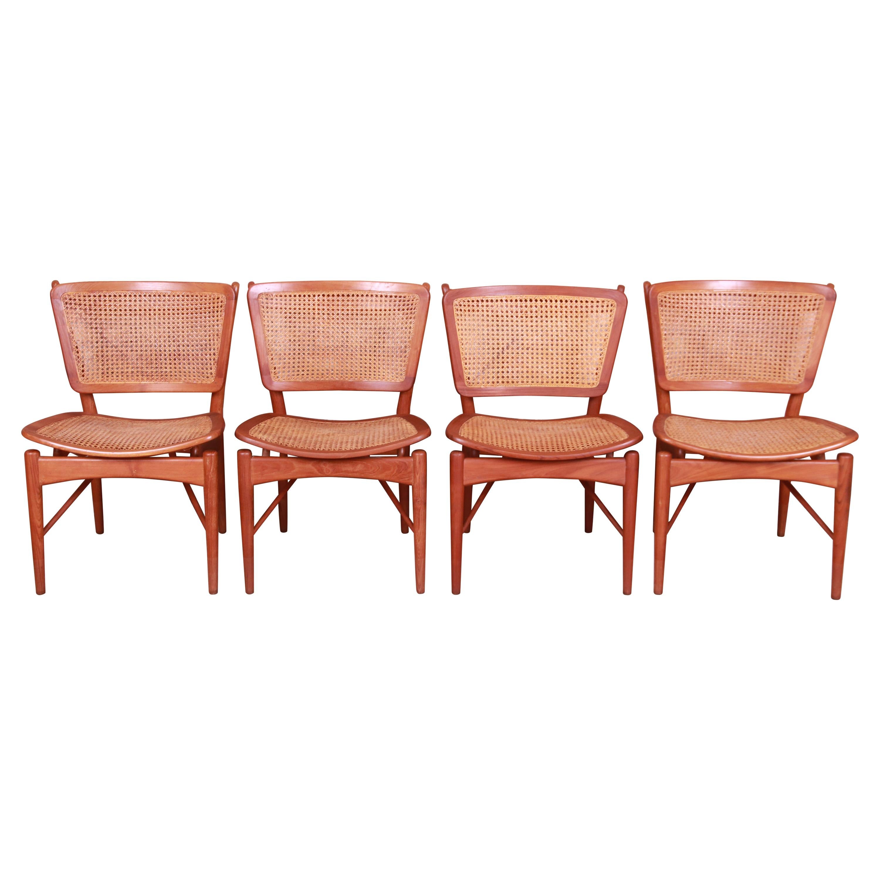 Finn Juhl for Baker Furniture Teak and Cane Dining Chairs, Set of Four
