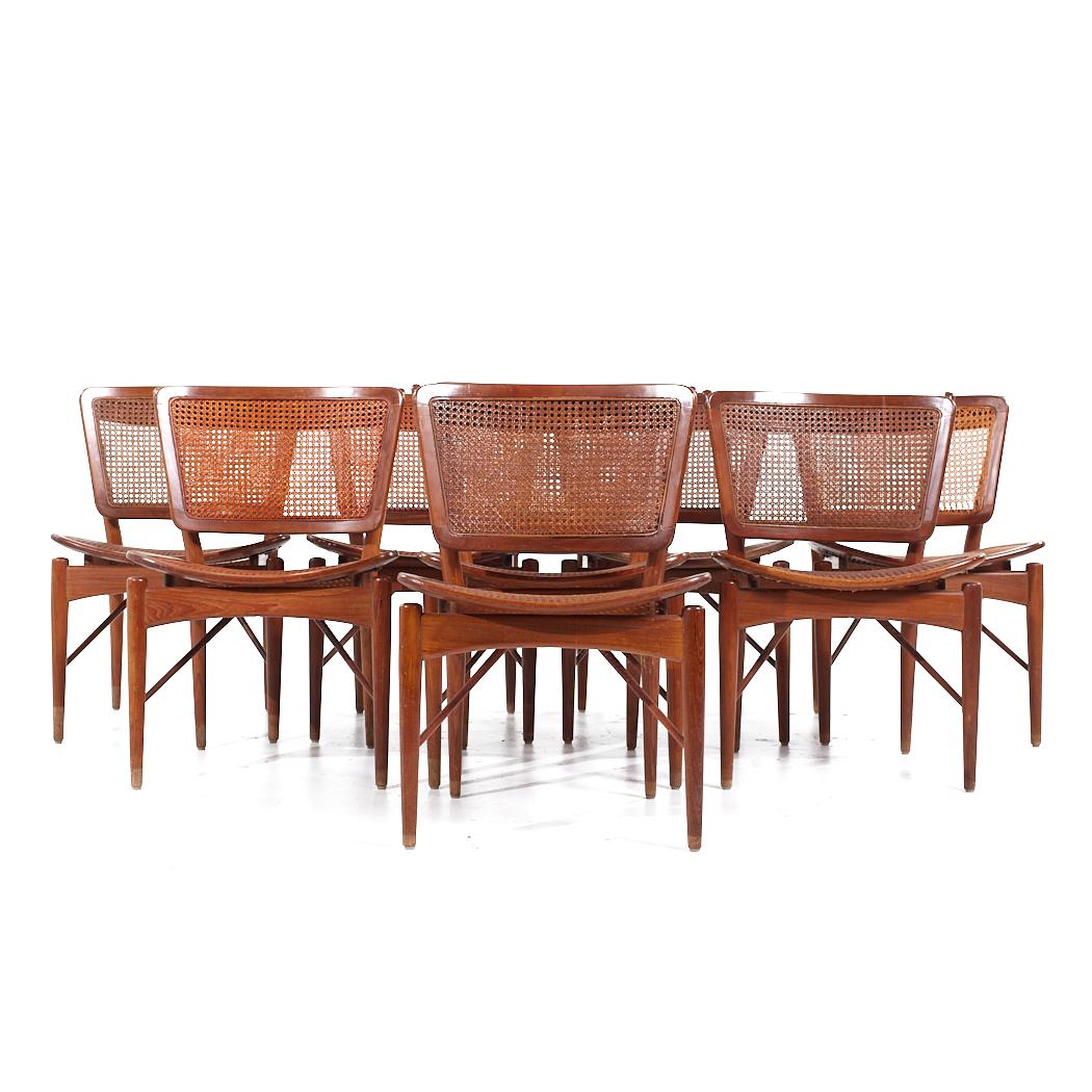 Finn Juhl for Baker Model NV 51/403 Teak and Cane Dining Chairs - Set of 8

Each chair measures: 21.25 wide x 20.5 deep x 31.25 inches high, with a seat height/chair clearance of 16.5 inches

All pieces of furniture can be had in what we call