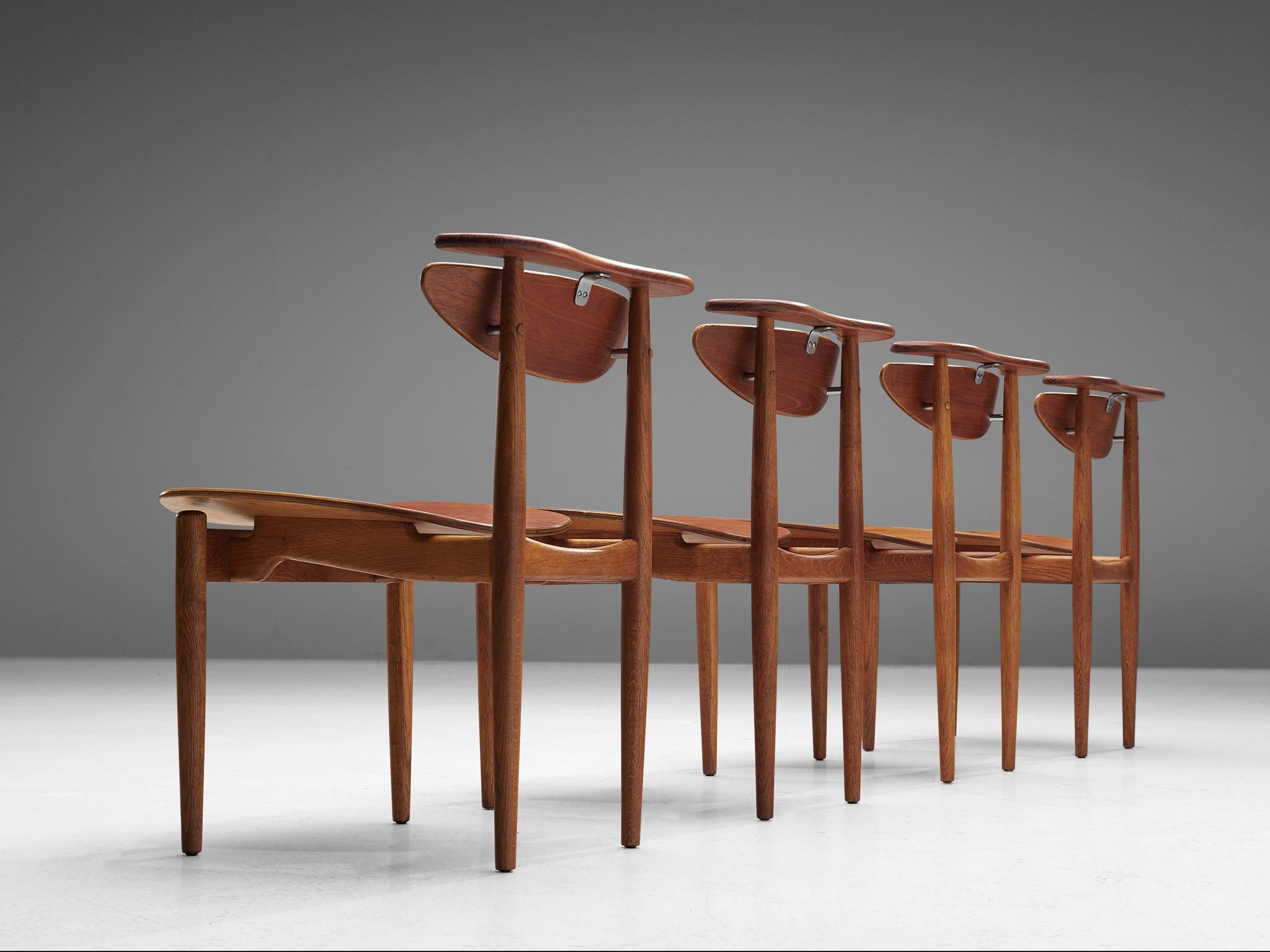 Finn Juhl for Bovirke, 'reading' dining chairs, oak, teak, metal, Denmark, 1953.

In 1953, Finn Juhl designed this 'Reading Chair' for Bovirke. The chair is organically shaped featuring curvaceous forms and round finishes. The backrest is in great