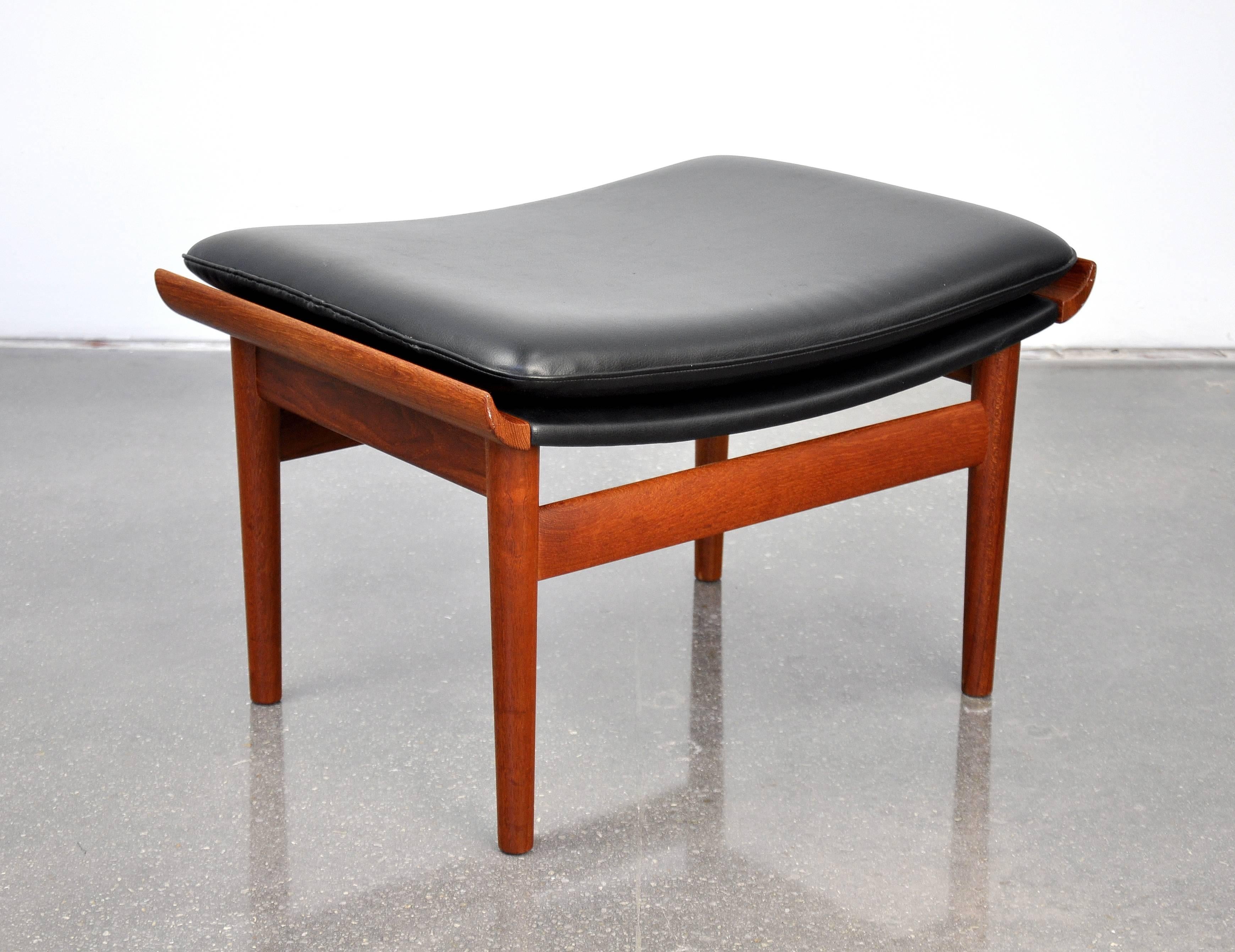 Finn Juhl for France and Son Black Leather and Teak Bwana Stool at 1stDibs