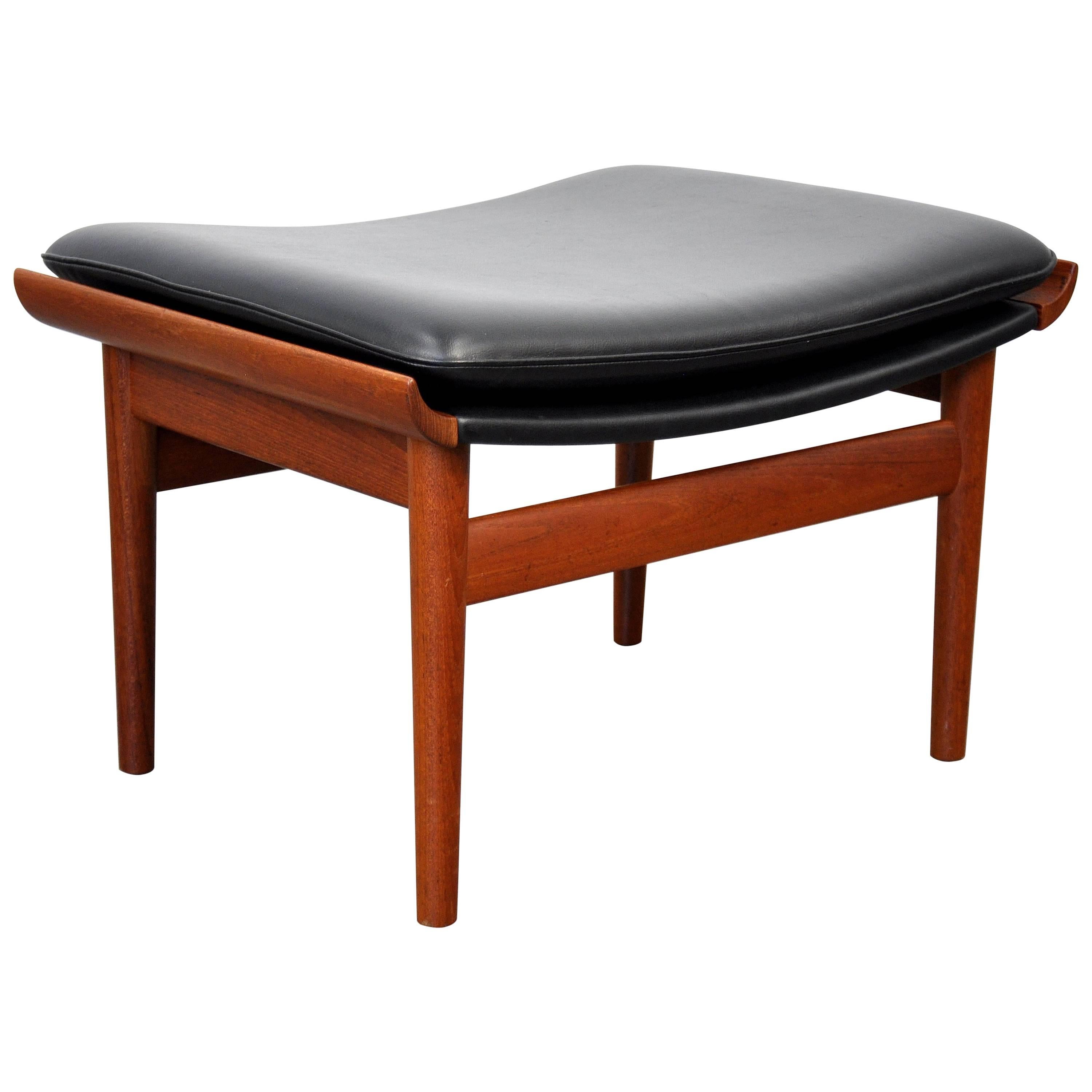 Finn Juhl for France and Son Black Leather and Teak Bwana Stool