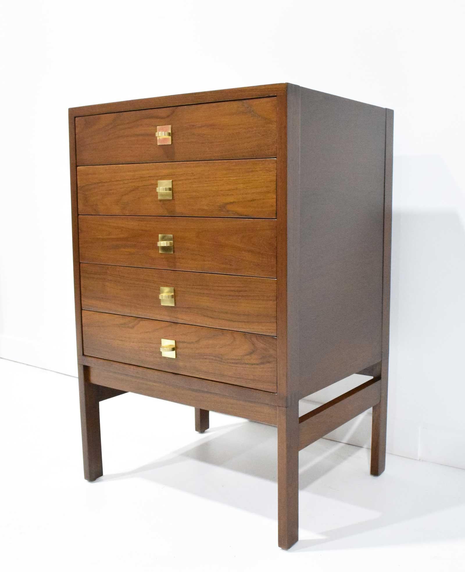 Beautifully restored teak chest by Finn Juhl for France and Son, 1960s. Five drawers with solid brass hardware. Finished on the back. Very beautifully fabricated.