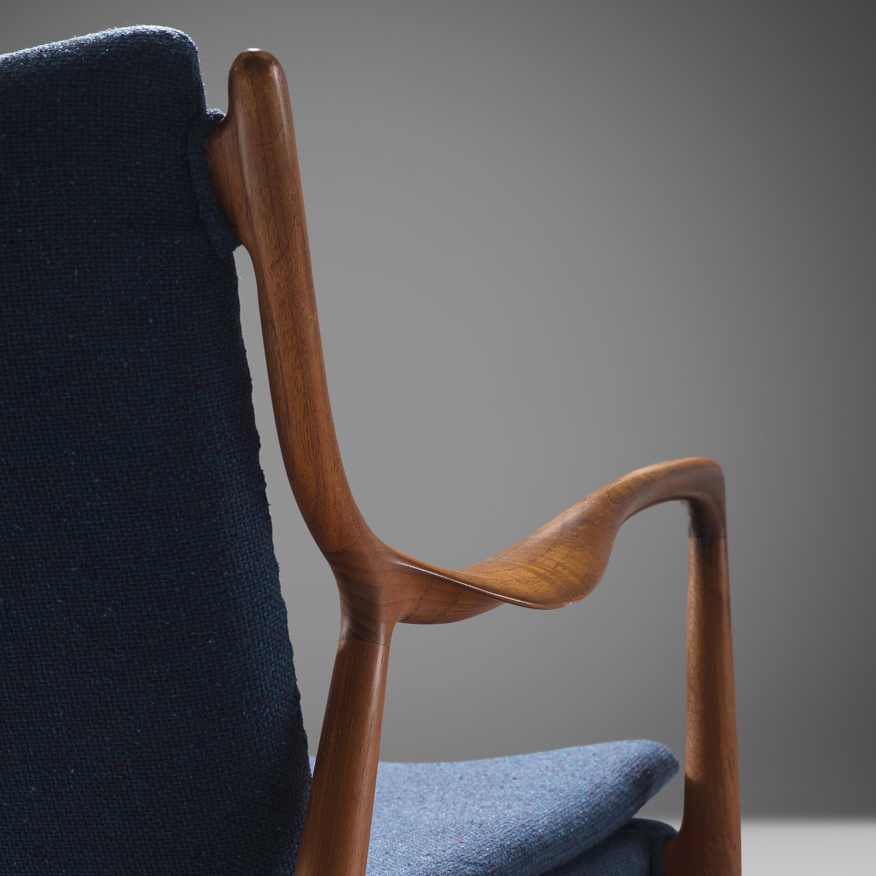 Scandinavian Modern Finn Juhl for Niels Vodder Armchair 'NV 45' in Teak and Blue Fabric Upholstery