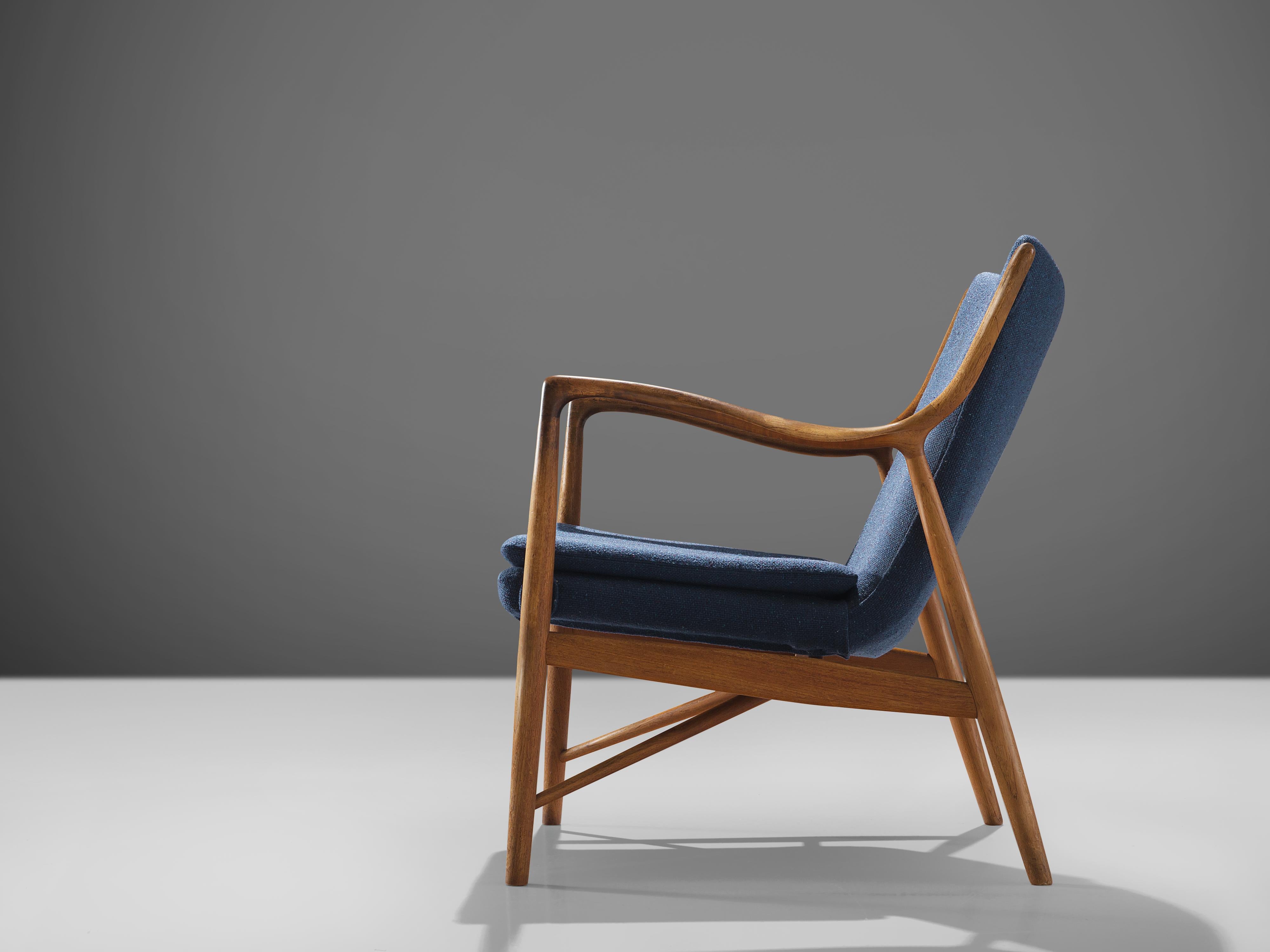 Mid-20th Century Finn Juhl for Niels Vodder Armchair 'NV 45' in Teak and Blue Fabric Upholstery