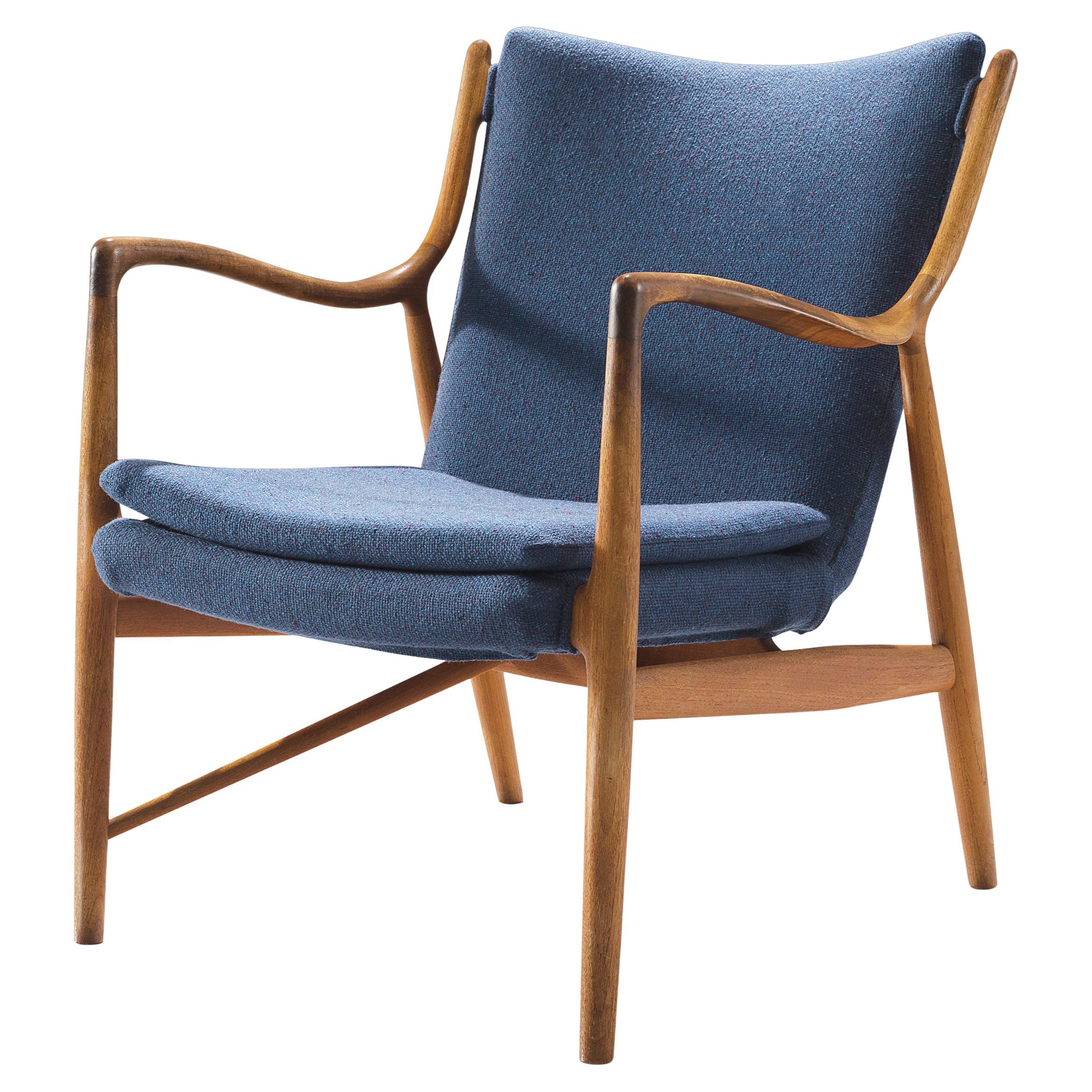 Finn Juhl for Niels Vodder Armchair 'NV 45' in Teak and Blue Fabric Upholstery