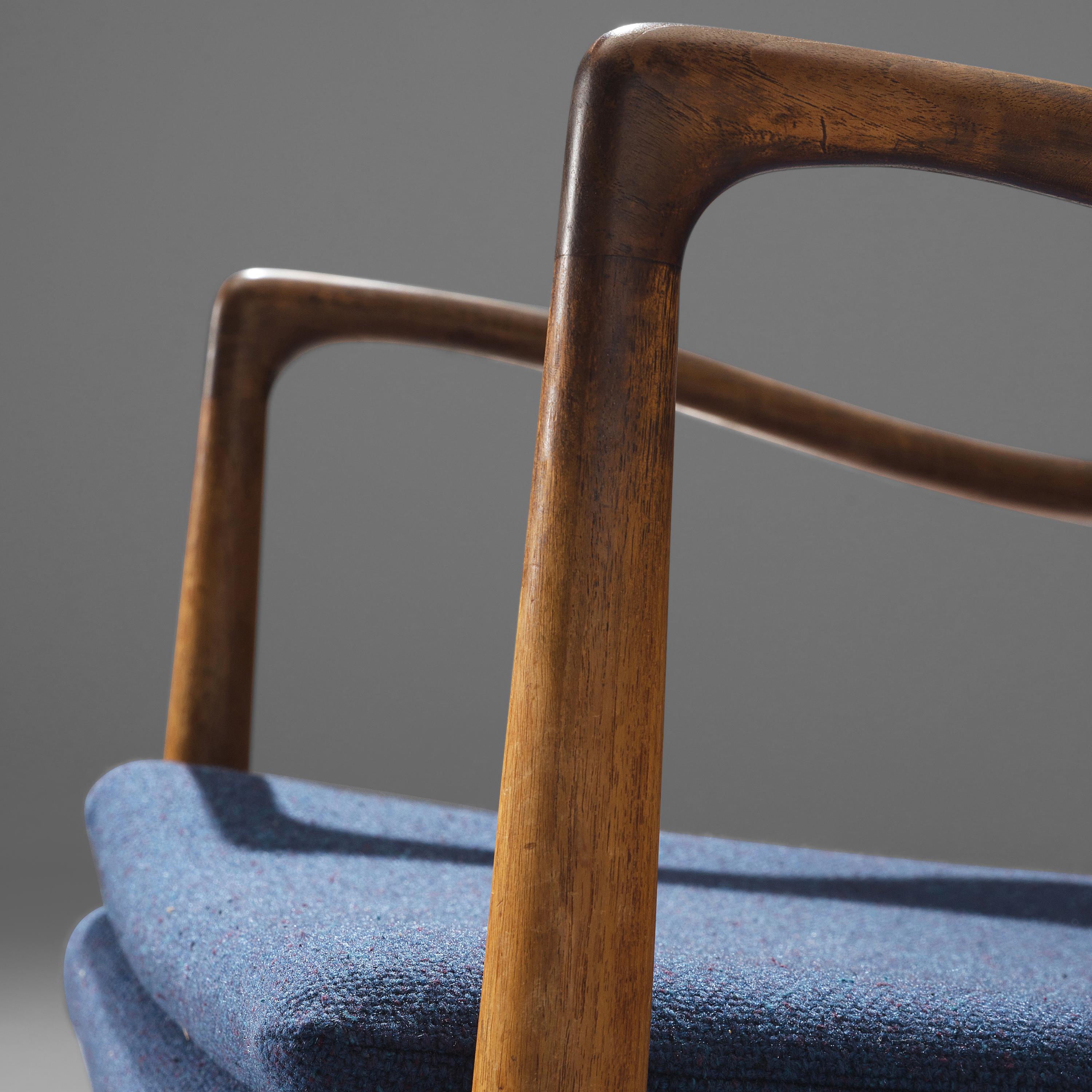 Scandinavian Modern Finn Juhl for Niels Vodder Armchair 'NV 45' in Teak and Blue Fabric Upholstery