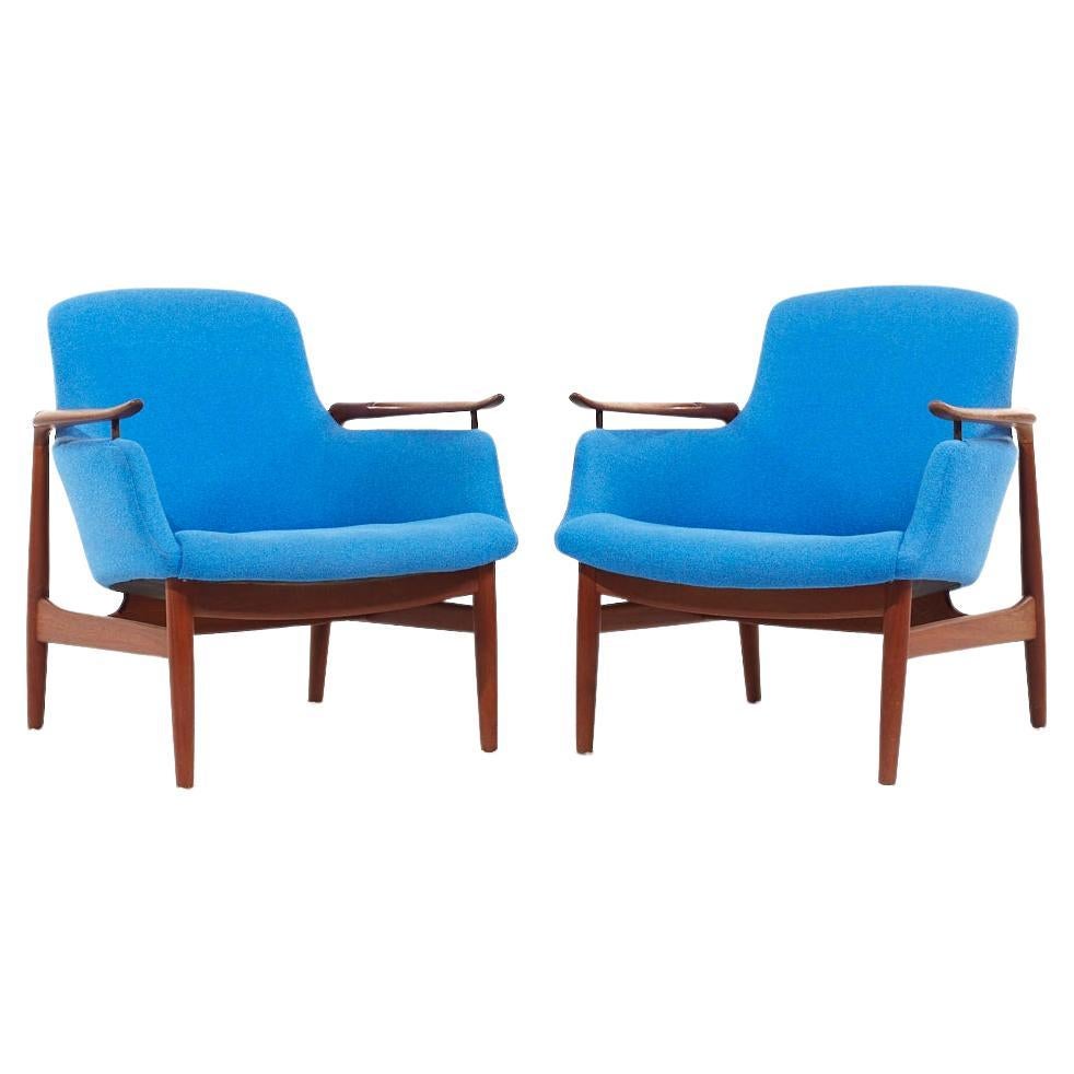 Finn Juhl for Niels Vodder NV-53 Blue Chairs - Pair For Sale