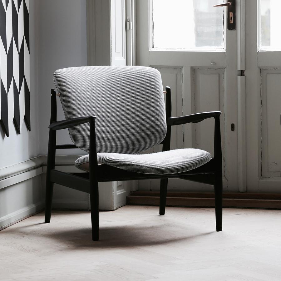 Scandinavian Modern Finn Juhl France Chair in Wood and Blue Fabric