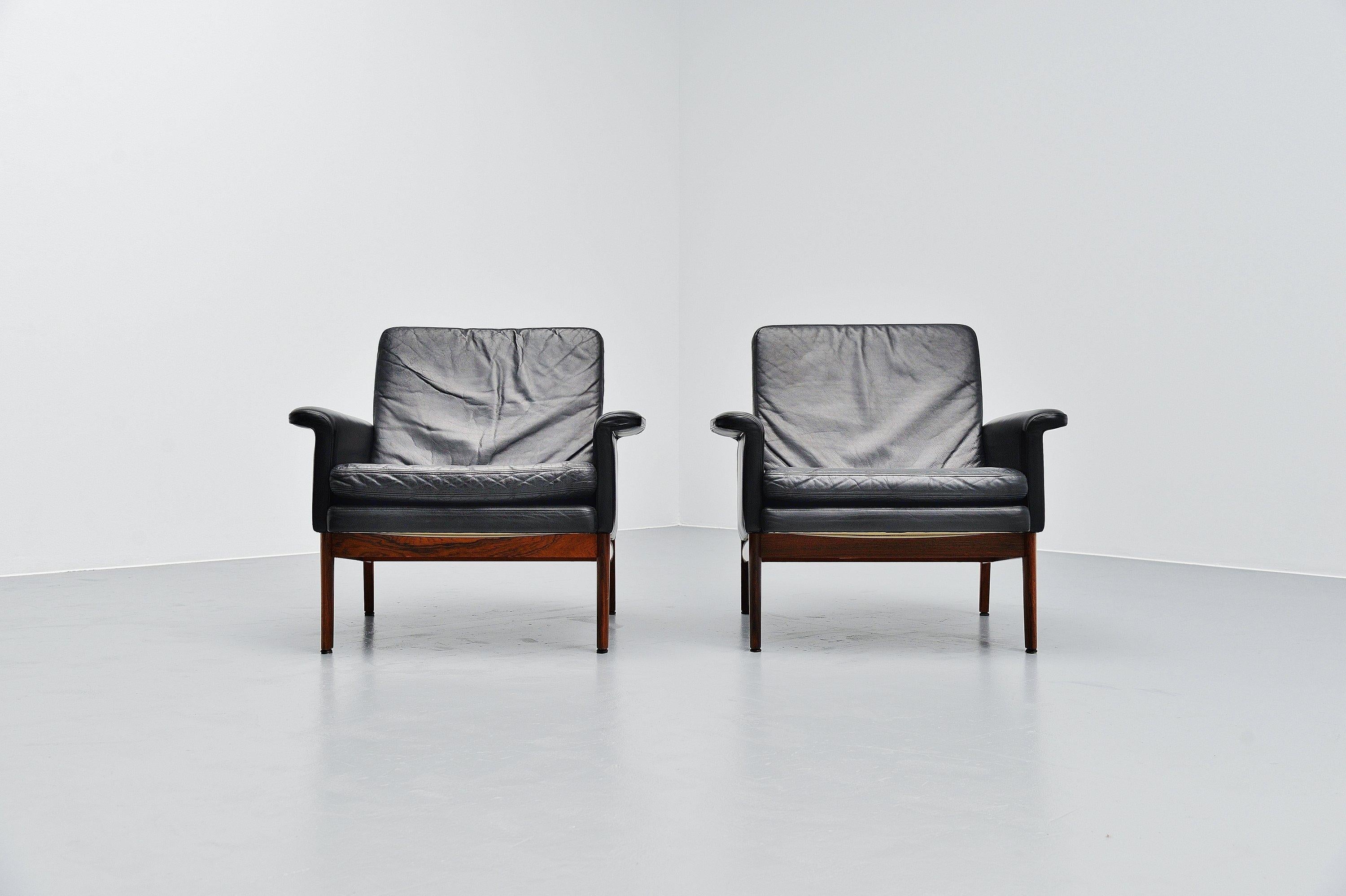 Scandinavian Modern Finn Juhl Jupiter Lounge Chairs France & Son Denmark 1965 Black