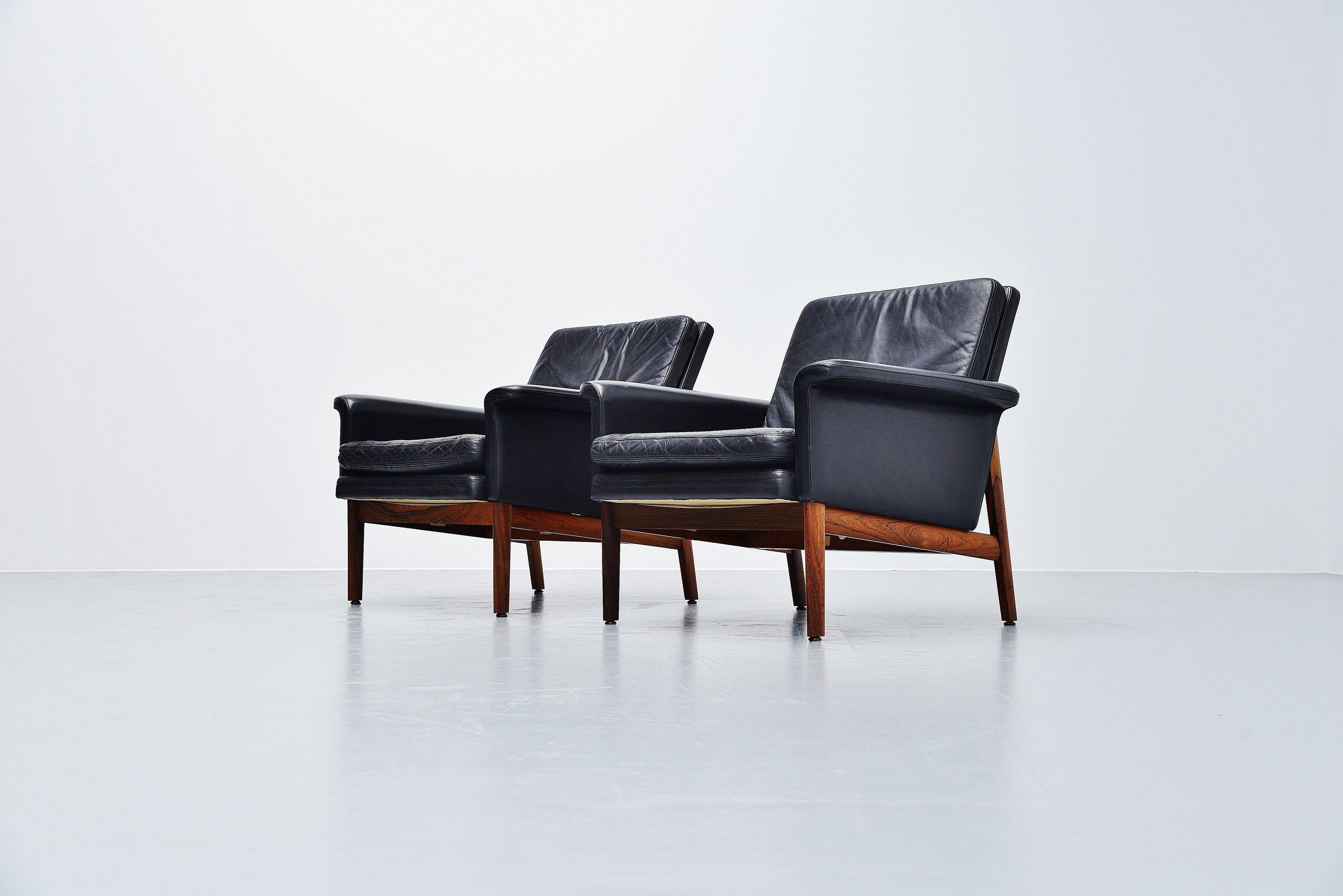 Leather Finn Juhl Jupiter Lounge Chairs France & Son Denmark 1965 Black