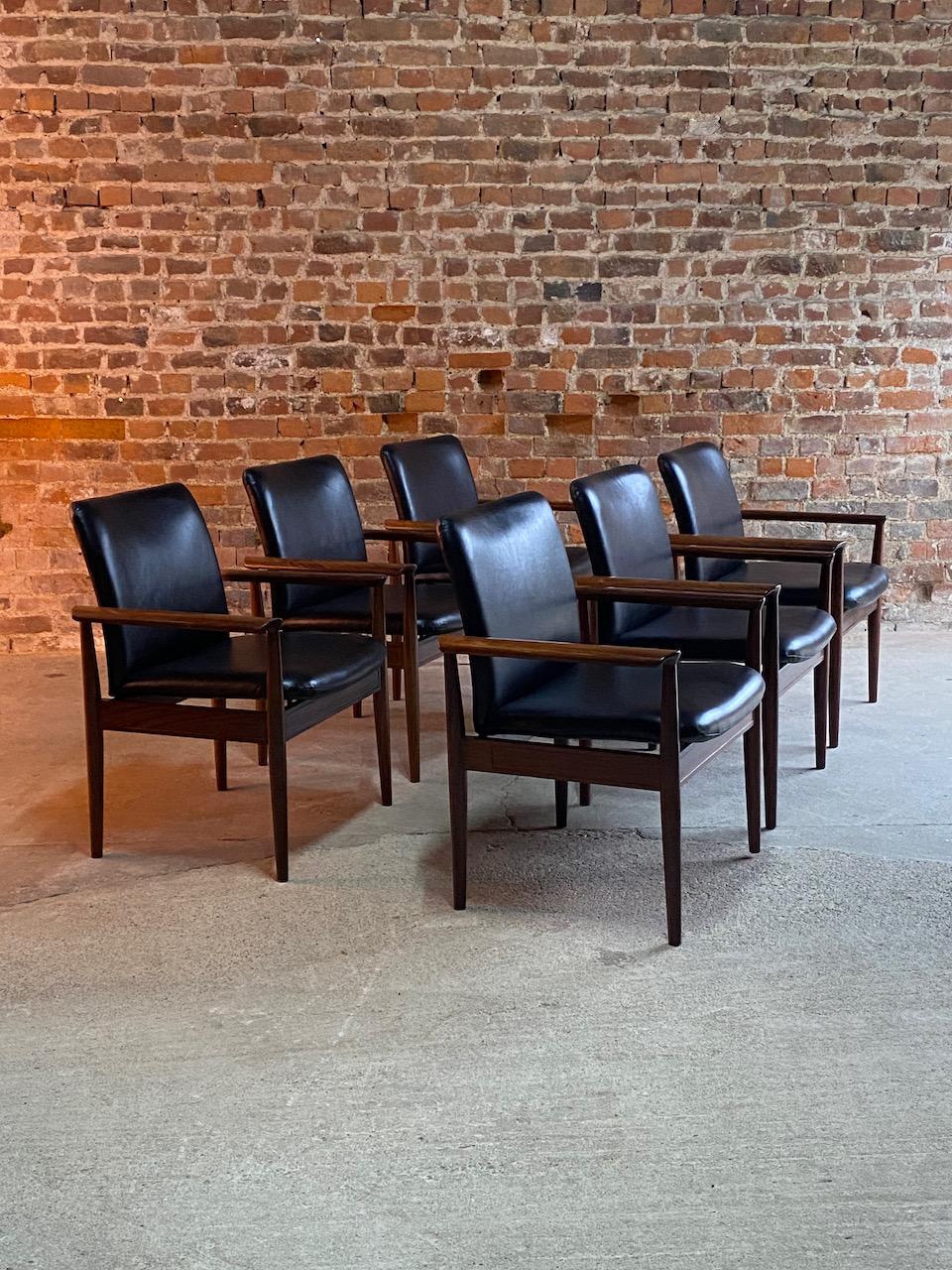 Mid-Century Modern Finn Juhl Model 209 Diplomat Chairs in Rosewood & Leather Set of Six, Cado 1965