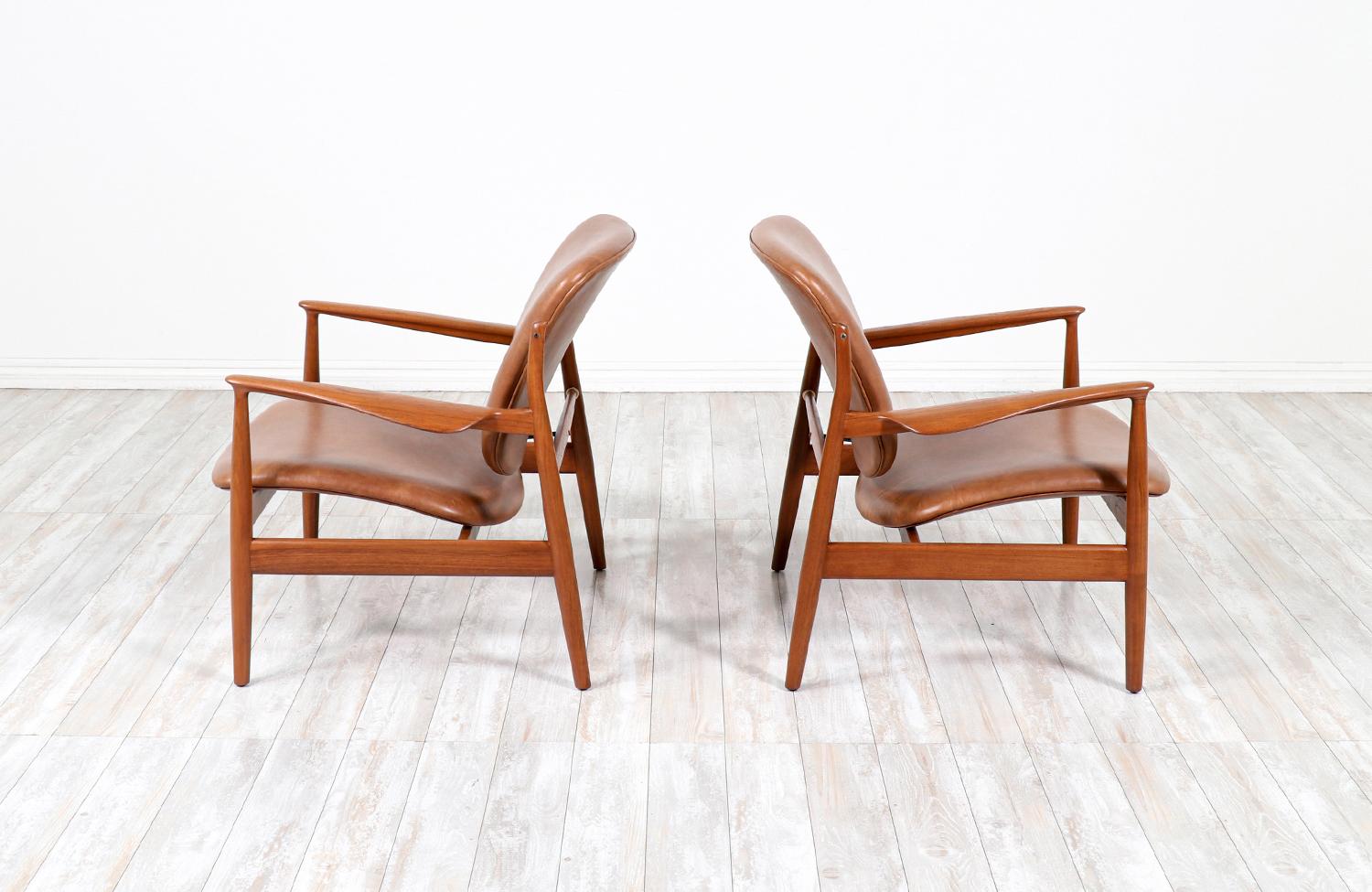 Danish Finn Juhl Model FD-136 Teak & Leather Lounge Chairs for France & Daverkosen