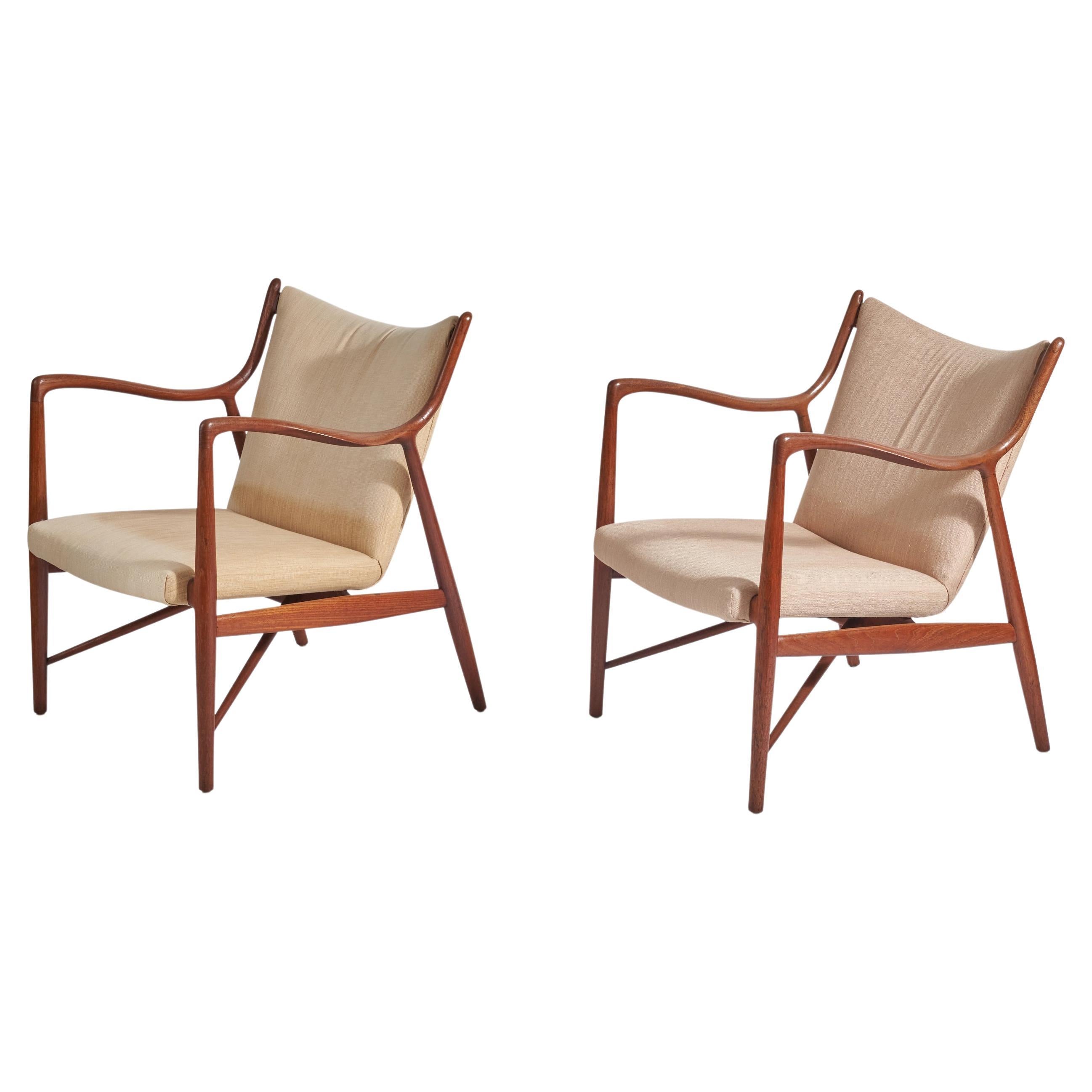 Finn Juhl, NV-45 Lounge Chairs, Teak, Fabric, Niels Vodder, Denmark, 1945