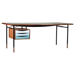 Finn Juhl Nyhavn Desk Wood and Black Lino with Tray Unit in Cold Colorway
