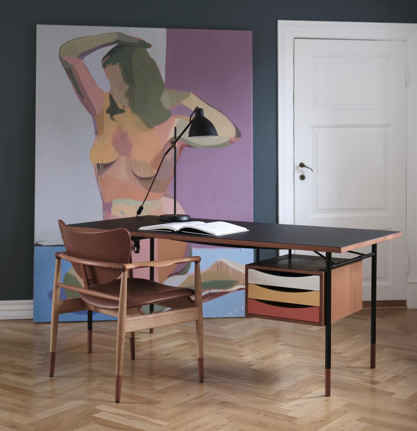 Finn Juhl Nyhavn Desk Wood and Black Lino with Tray Unit in Warm Colorway 5