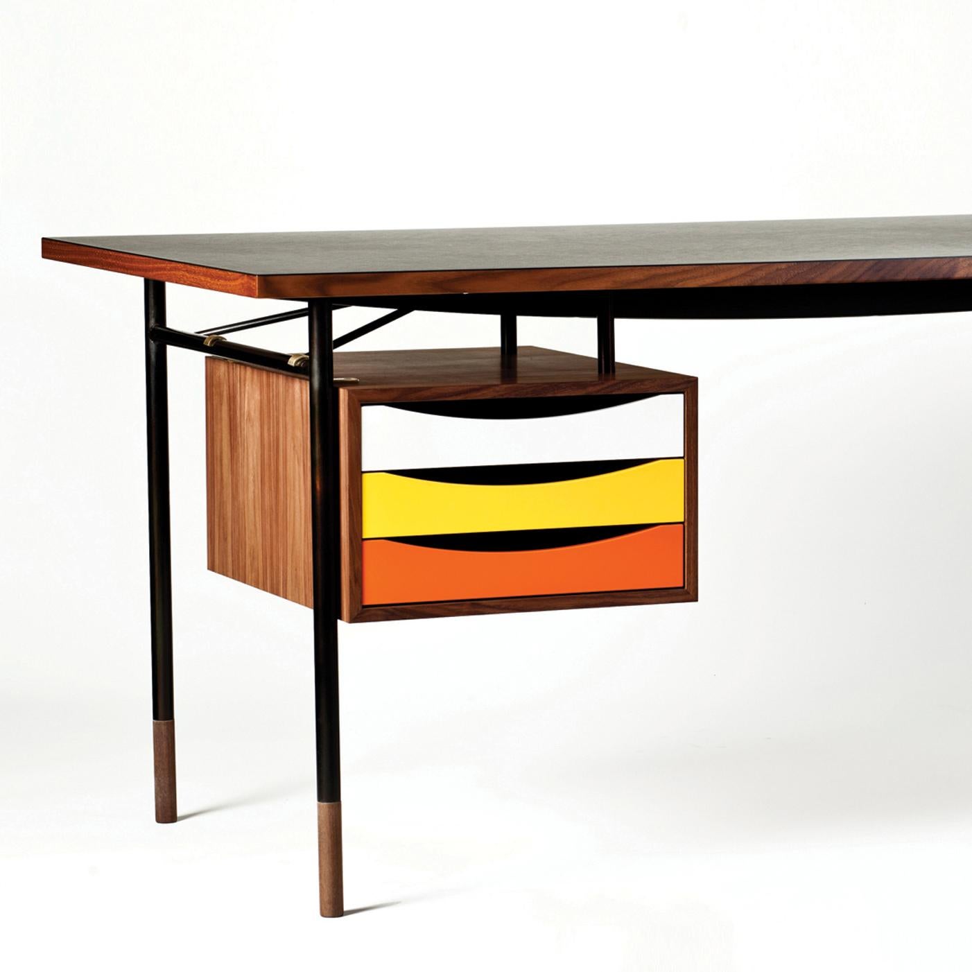 Modern Finn Juhl Nyhavn Desk Wood and Black Lino with Tray Unit in Warm Colorway