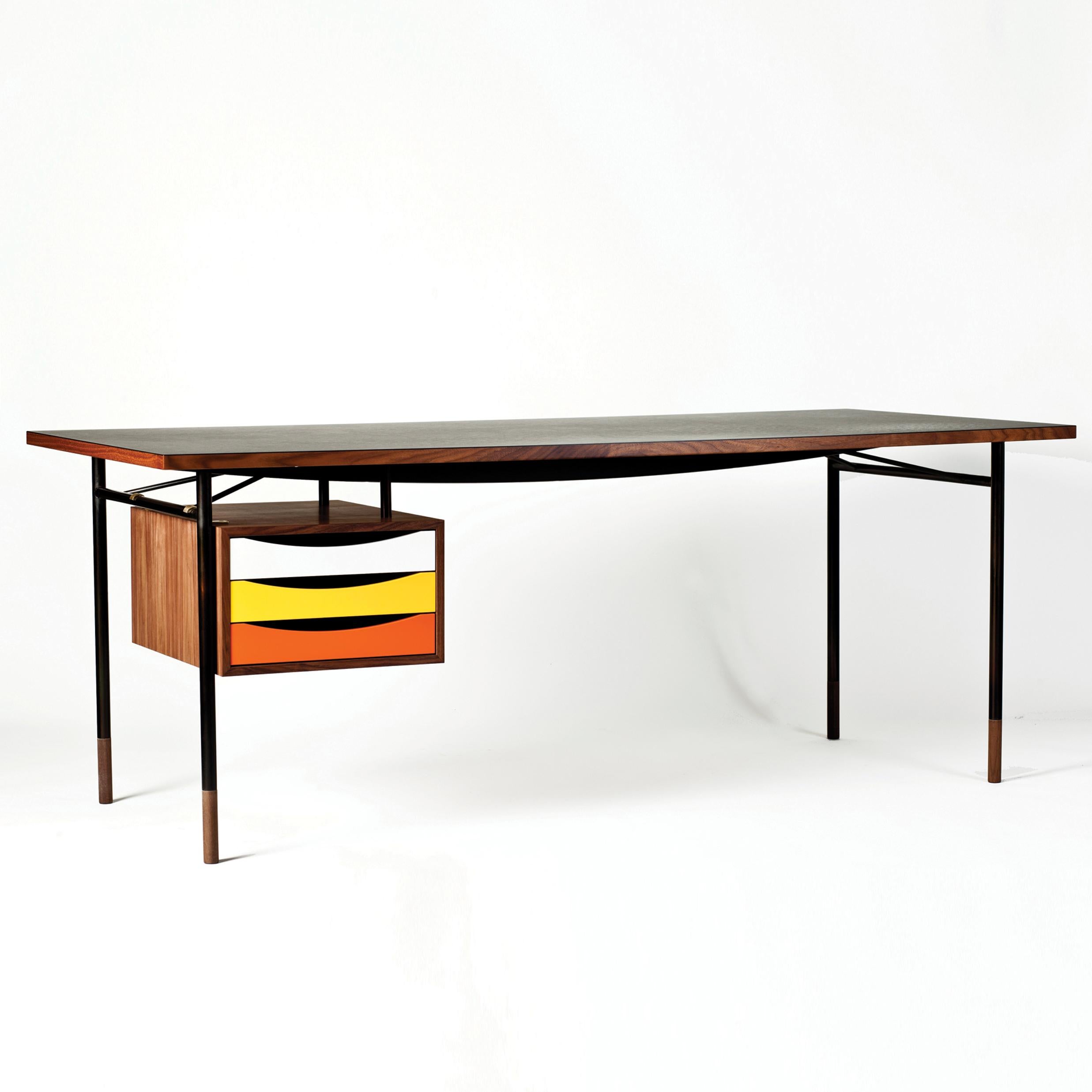 Danish Finn Juhl Nyhavn Desk Wood and Black Lino with Tray Unit in Warm Colorway