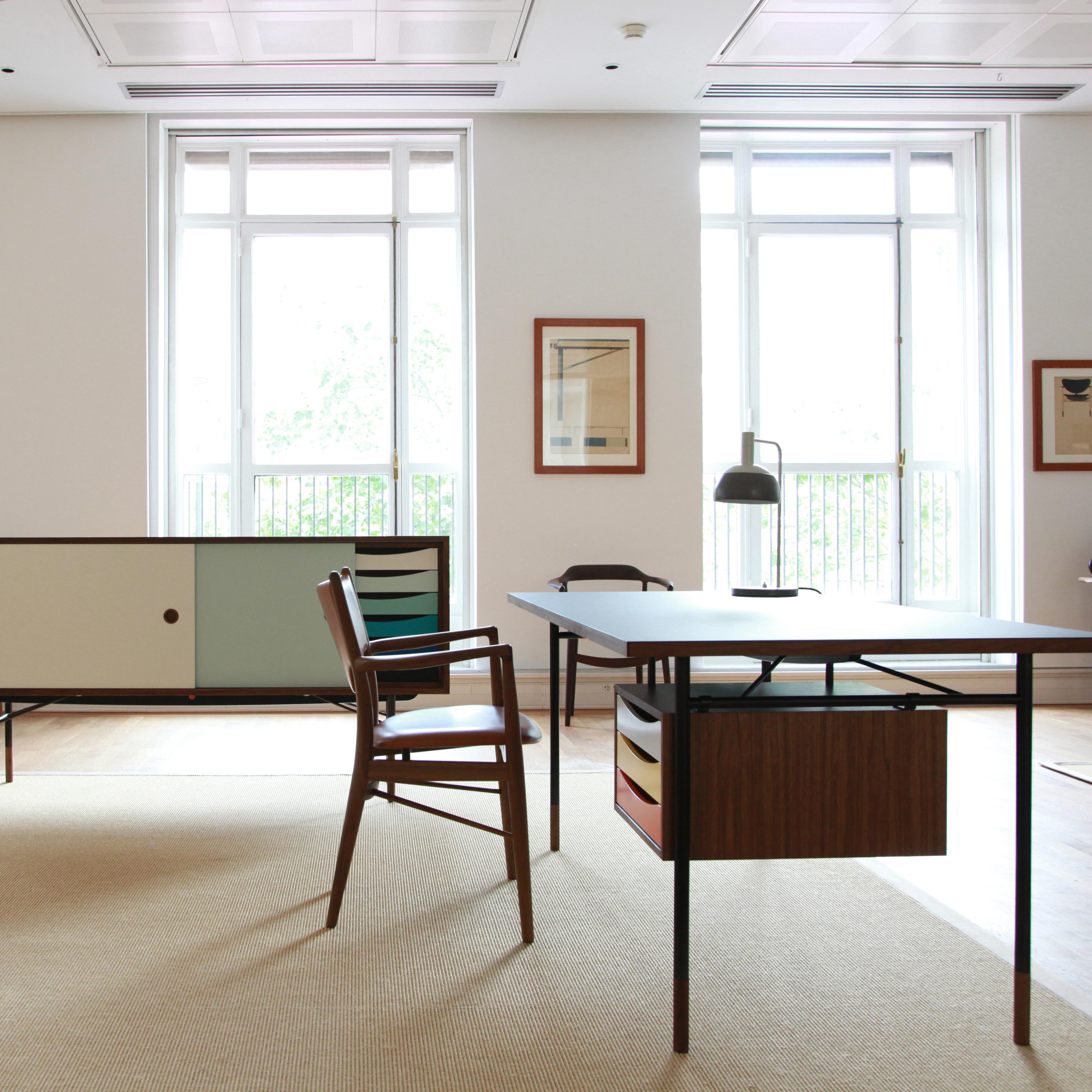 Finn Juhl Nyhavn Desk Wood and Black Lino with Tray Unit in Warm Colorway 1