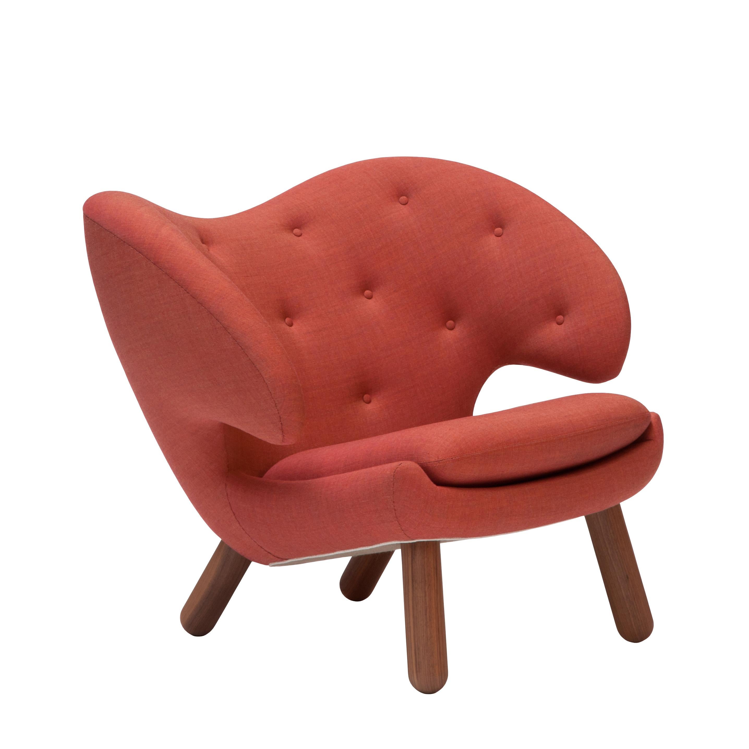 Wood Finn Juhl Pelican Chair Upholstered in Red Kvadrat Remix Fabric