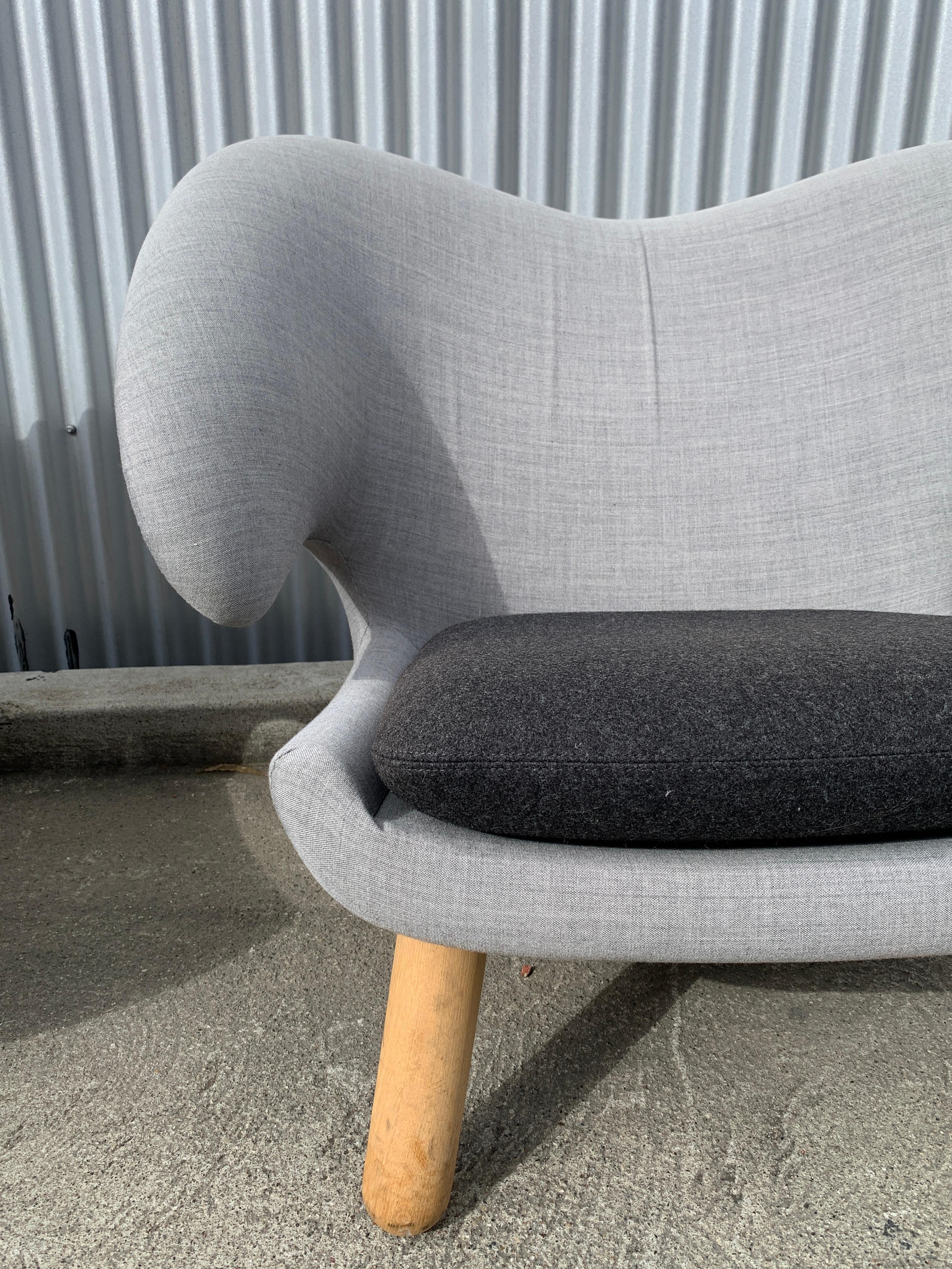 Grey Kvadrat canvas on darker grey Kvadrat Divina Melange Seats. Authotized and authentic production by One Collection, Denmark. Near mint condition likely produced around 2017. Soaped oak legs. Wonderfully comfortable and dramatic presentation.